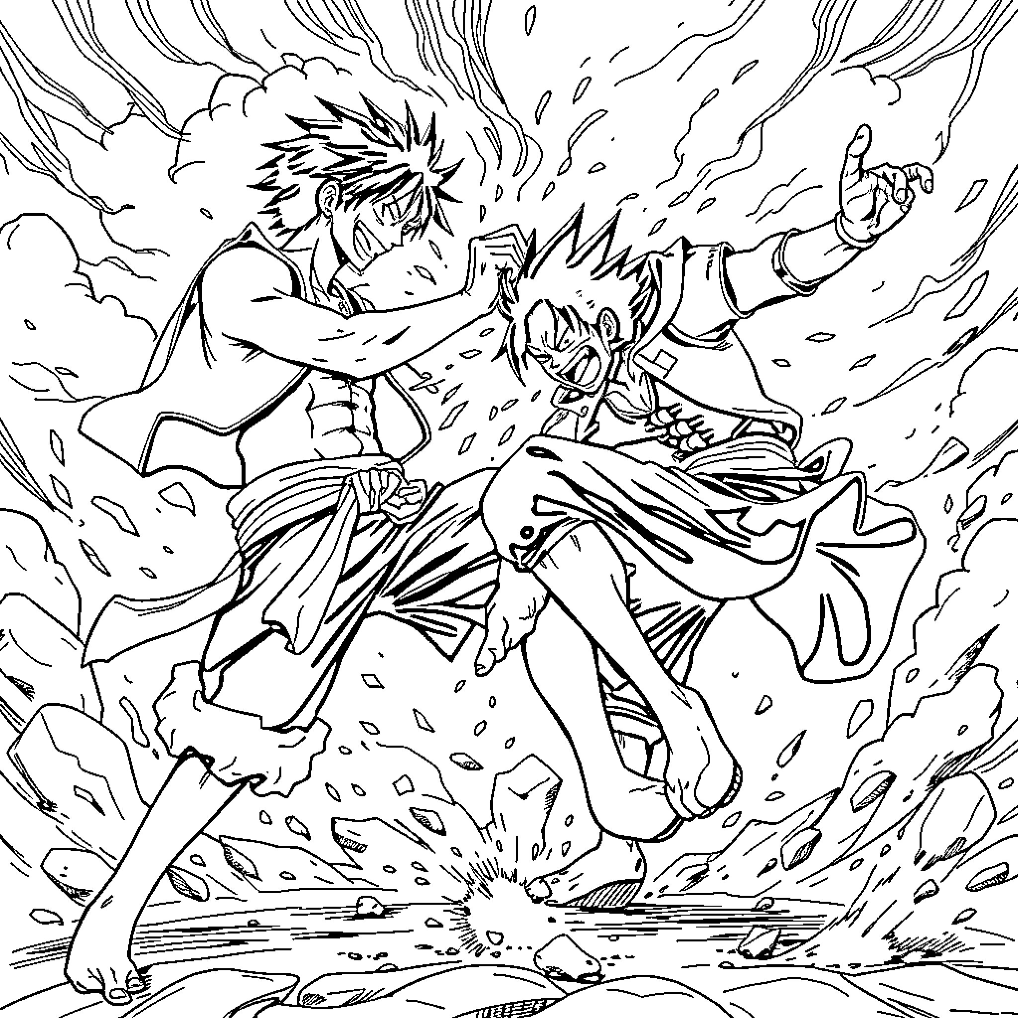 Luffy's Fierce Battle with Powerful Opponent Coloring Page (free black-and-white line drawing printable PDF for all, from beginners to advanced learners, including children, teens, adults, and seniors)
