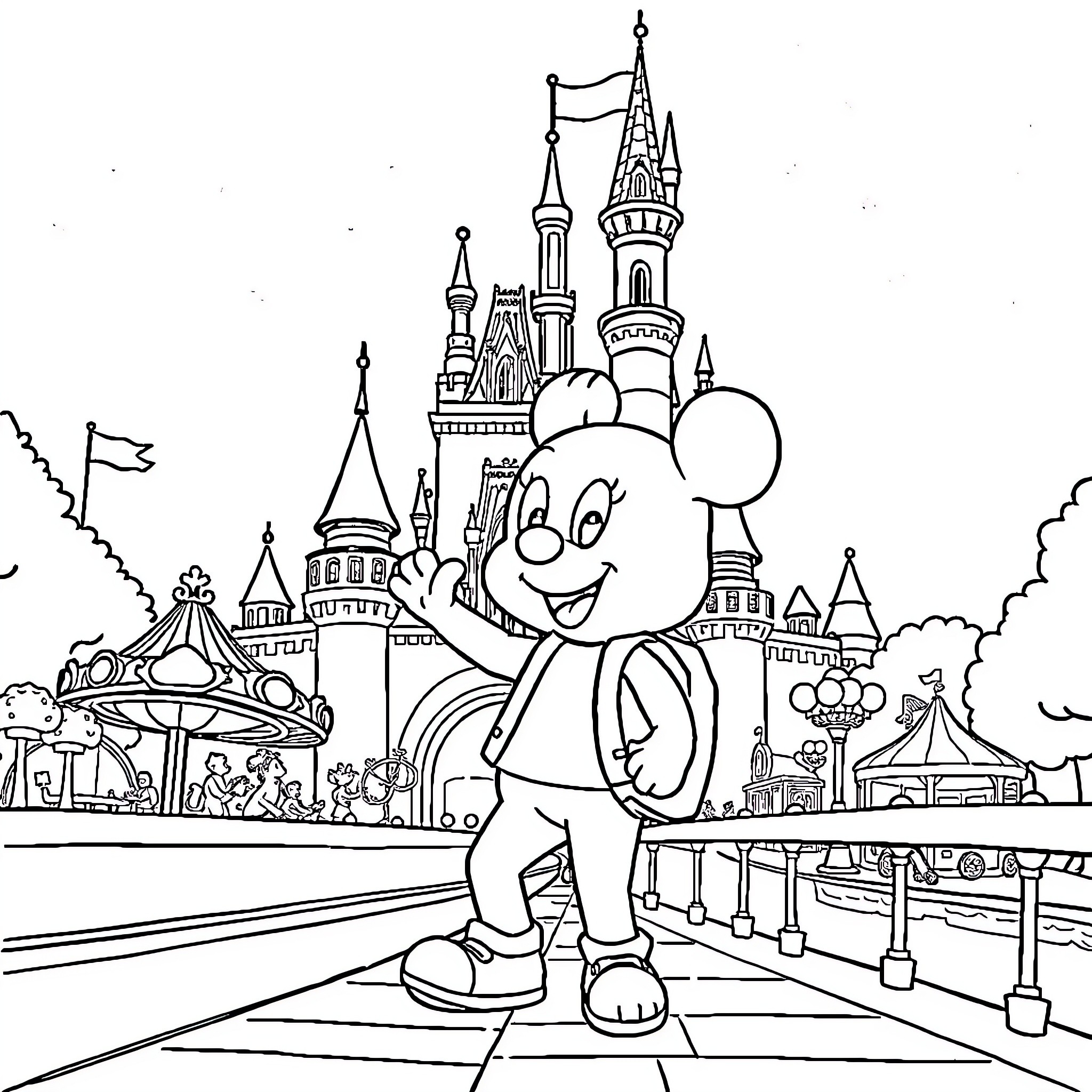 Bluey enjoys a day at the magical theme park Coloring Page (free black-and-white line drawing printable PDF for all, from beginners to advanced learners, including children, teens, adults, and seniors)