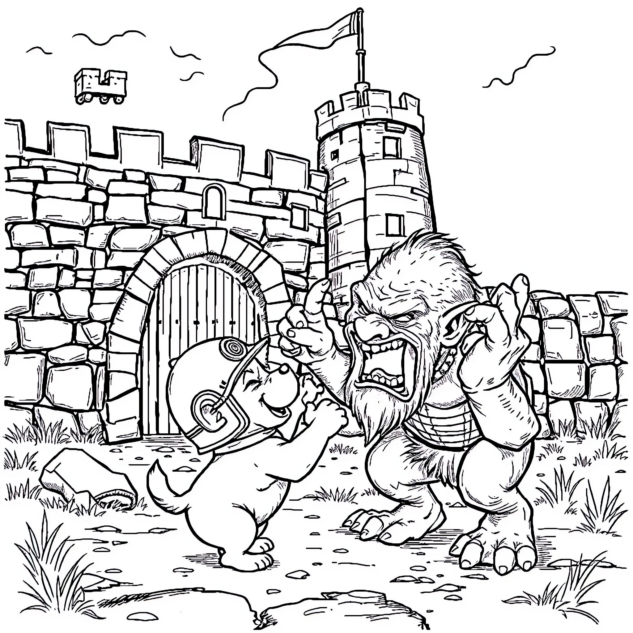 Dog fighting fiercely outside castle gate Coloring Page (free black-and-white line drawing printable PDF for all, from beginners to advanced learners, including children, teens, adults, and seniors)