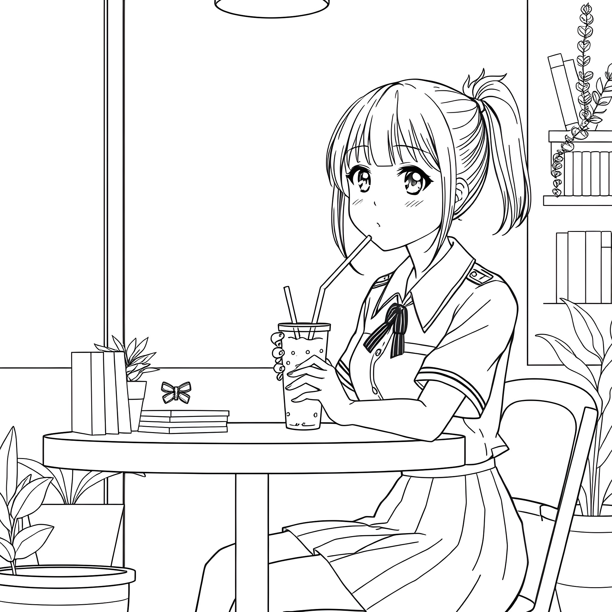 Girl relaxing with a drink in a cozy cafe Coloring Page (free black-and-white line drawing printable PDF for all, from beginners to advanced learners, including children, teens, adults, and seniors)