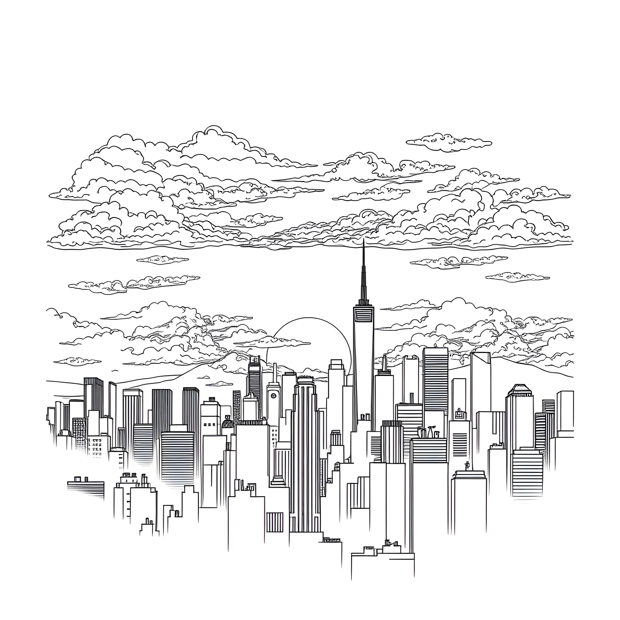 Skyline of a bustling cityscape under dramatic clouds Coloring Page (free black-and-white line drawing printable PDF for all, from beginners to advanced learners, including children, teens, adults, and seniors)