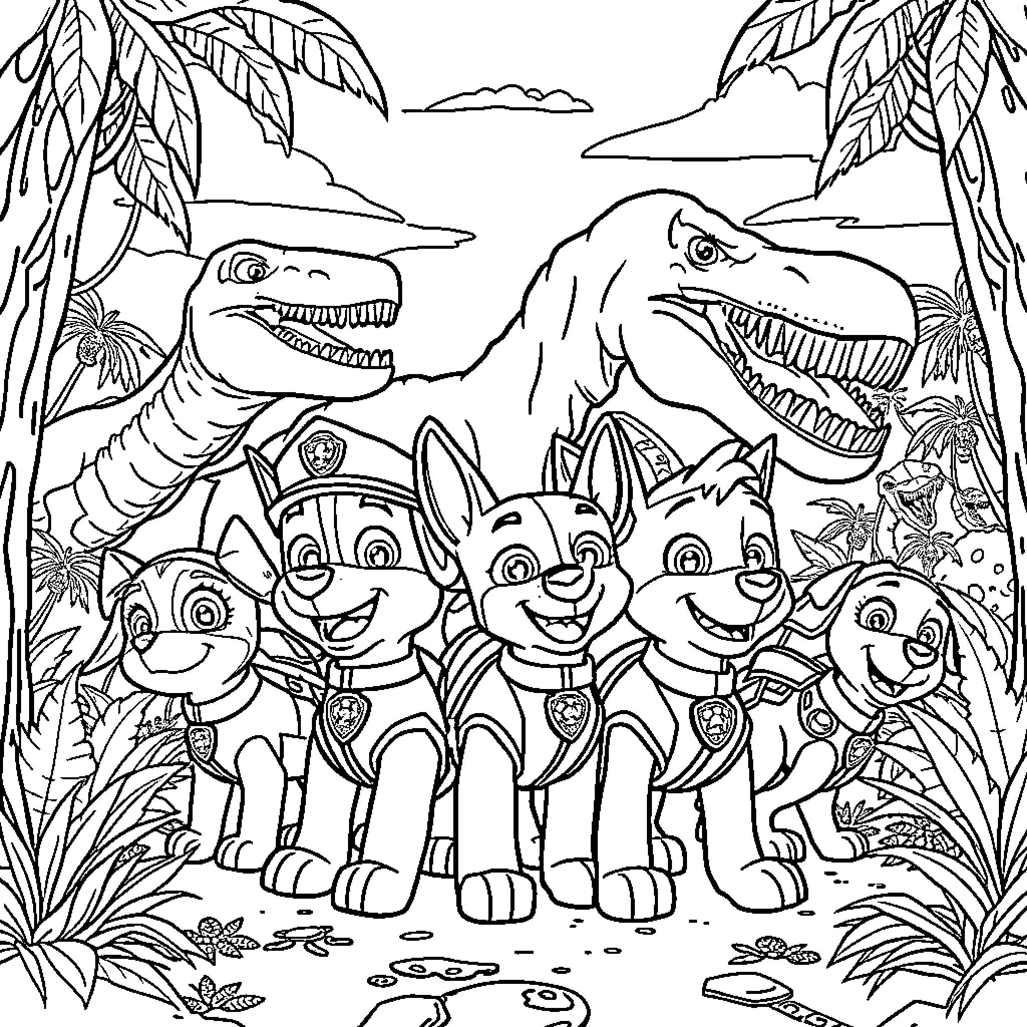 Paw Patrol Team in Tropical Adventure Coloring Page (free black-and-white line drawing printable PDF for all, from beginners to advanced learners, including children, teens, adults, and seniors)