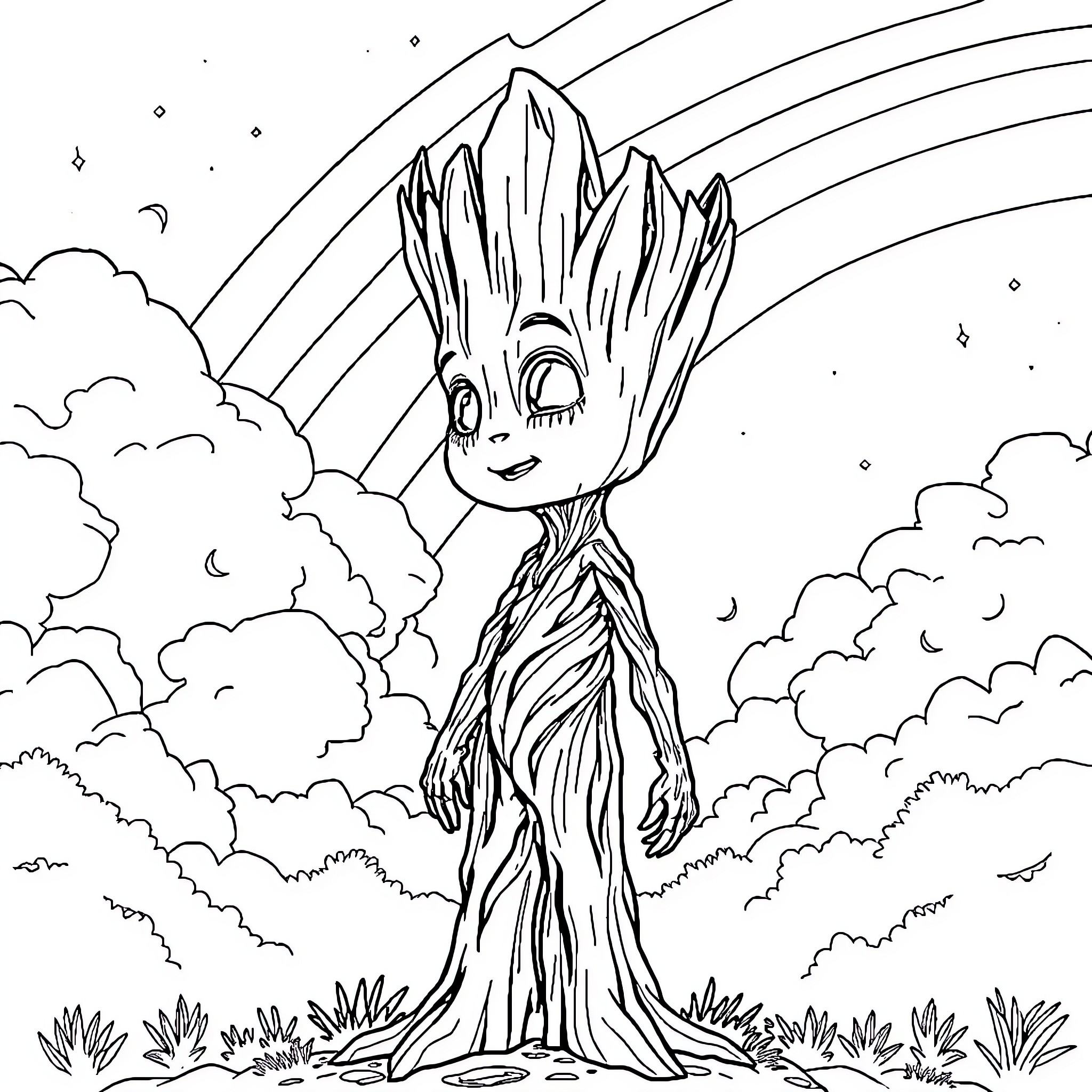 Groot's Joyful Dance in the Cosmic Meadow Coloring Page (free black-and-white line drawing printable PDF for all, from beginners to advanced learners, including children, teens, adults, and seniors)