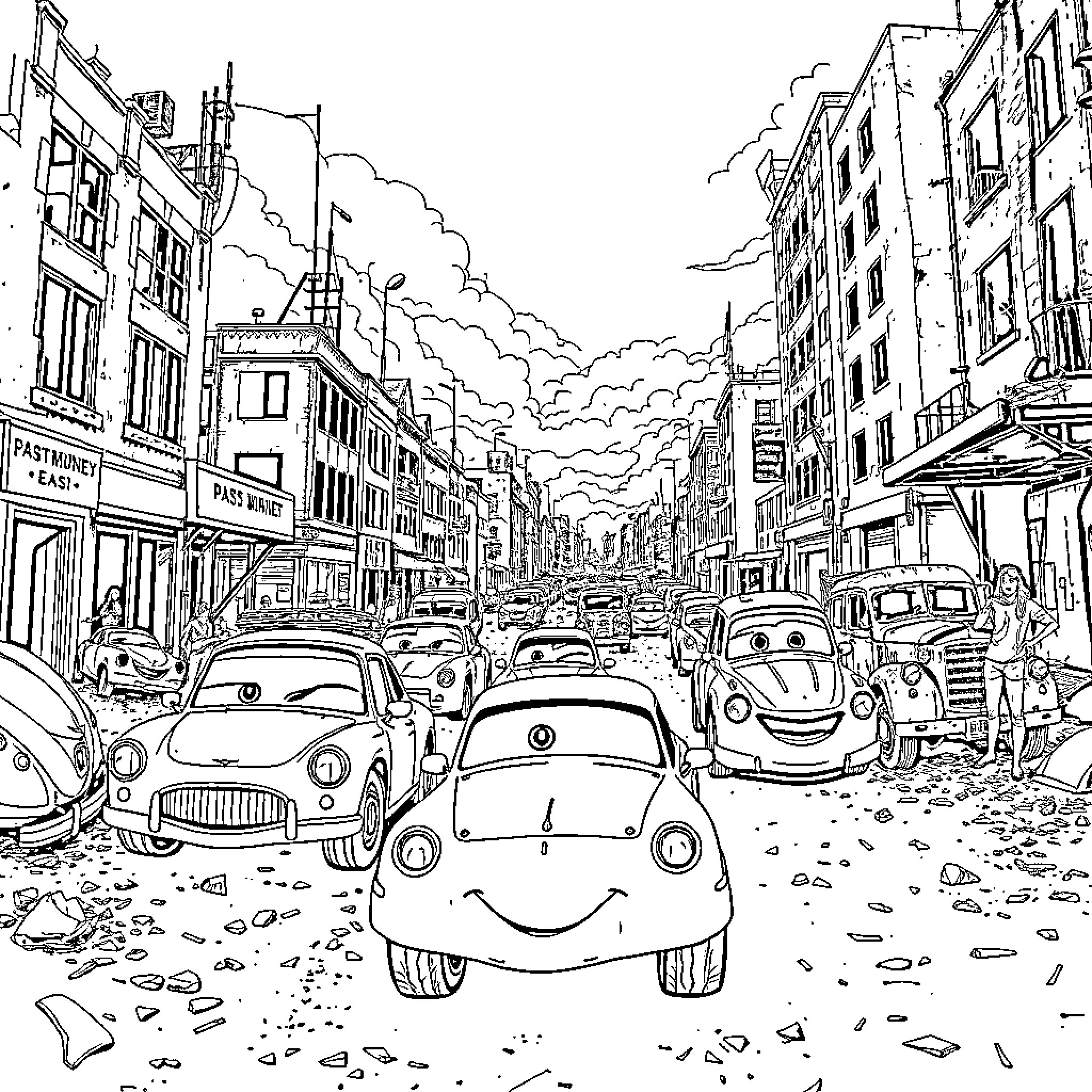 Car cartoon characters in a busy city street Coloring Page (free black-and-white line drawing printable PDF for all, from beginners to advanced learners, including children, teens, adults, and seniors)