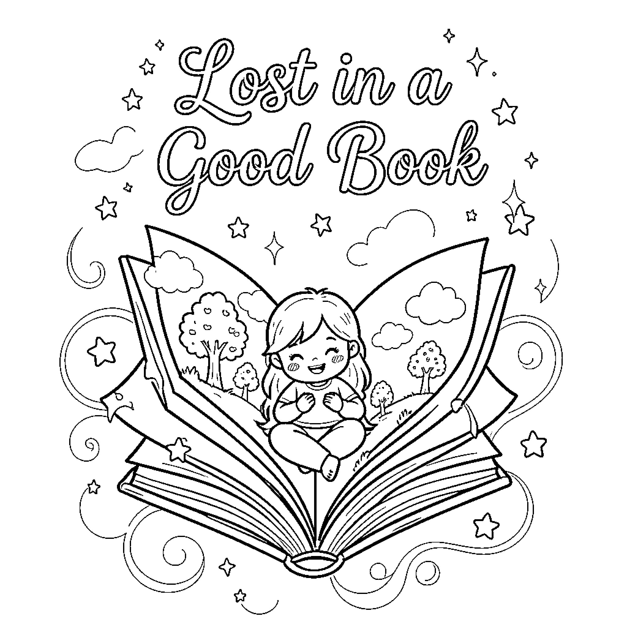 Book Lost in a Good Book Coloring Page (free black-and-white line drawing printable PDF for all, from beginners to advanced learners, including children, teens, adults, and seniors)