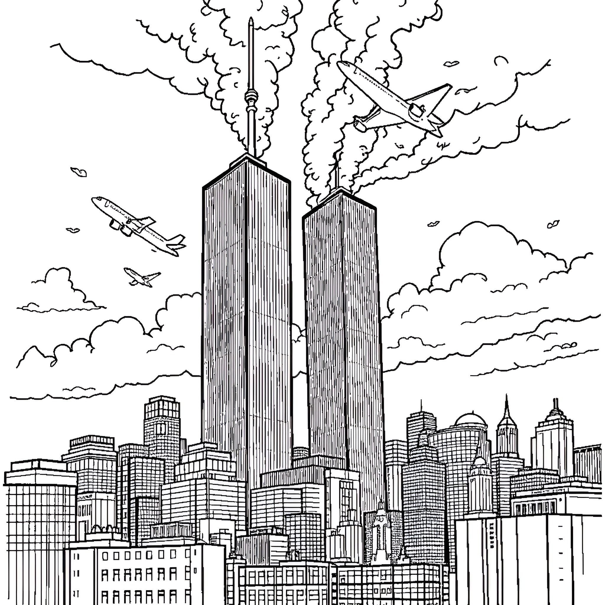 September 11 - Tragic events unfolding in the city Coloring Page (free black-and-white line drawing printable PDF for all, from beginners to advanced learners, including children, teens, adults, and seniors)