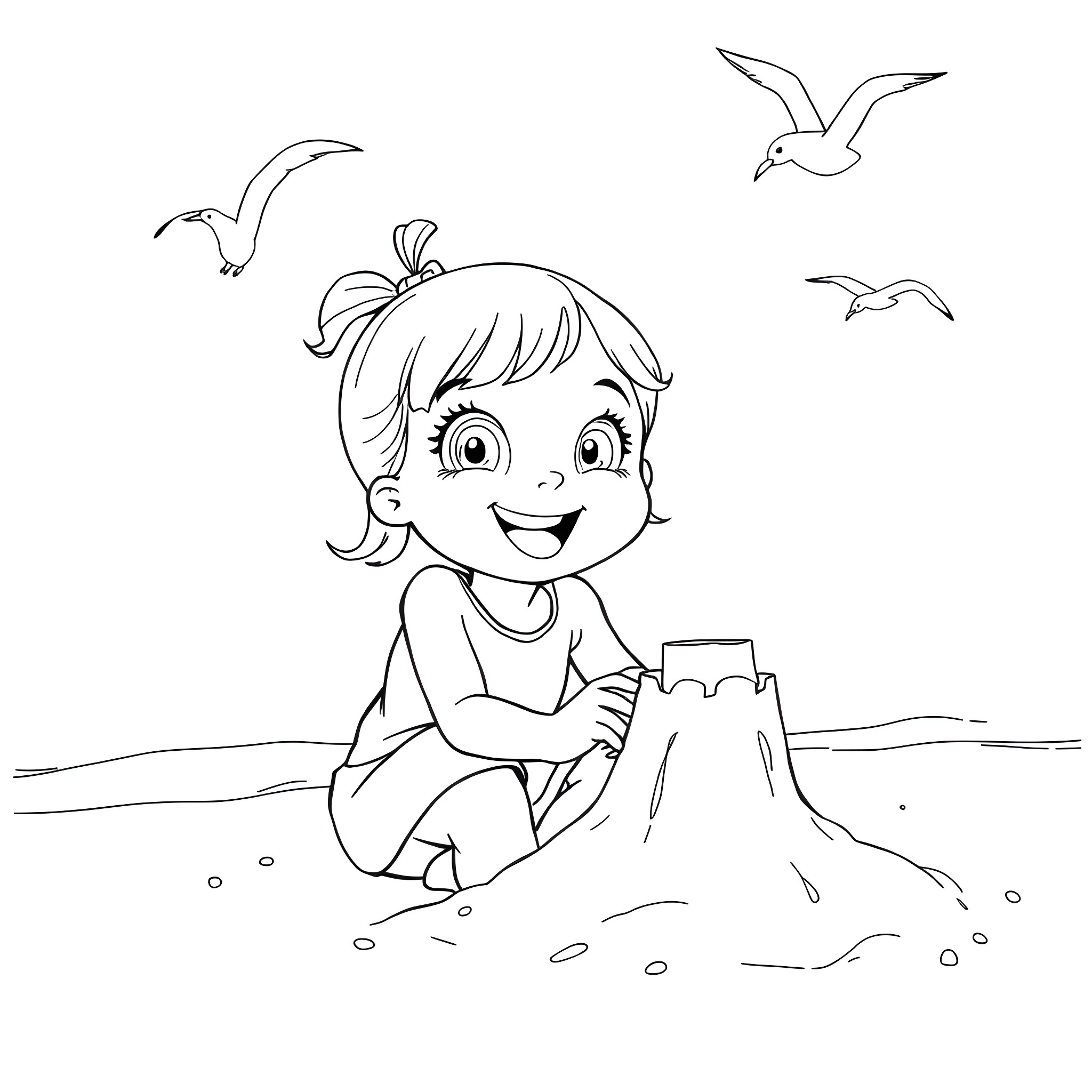 Girl building a sand castle on the beach Coloring Page (free black-and-white line drawing printable PDF for all, from beginners to advanced learners, including children, teens, adults, and seniors)