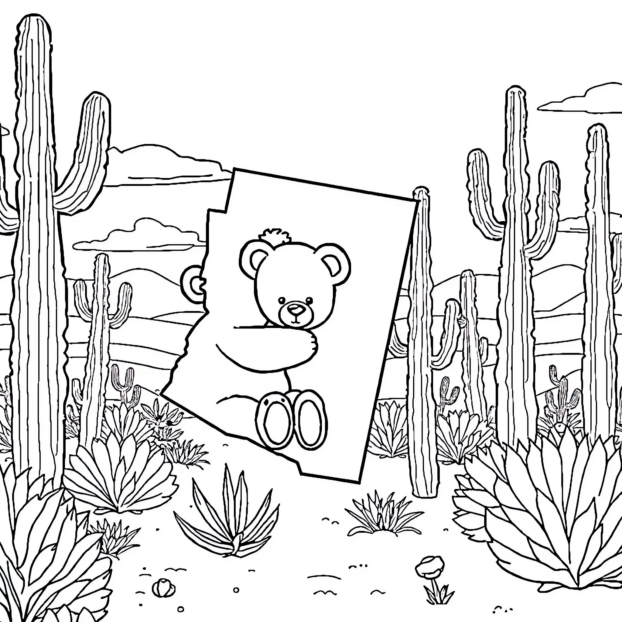 Teddy Bear painting on canvas in desert landscape Coloring Page (free black-and-white line drawing printable PDF for all, from beginners to advanced learners, including children, teens, adults, and seniors)