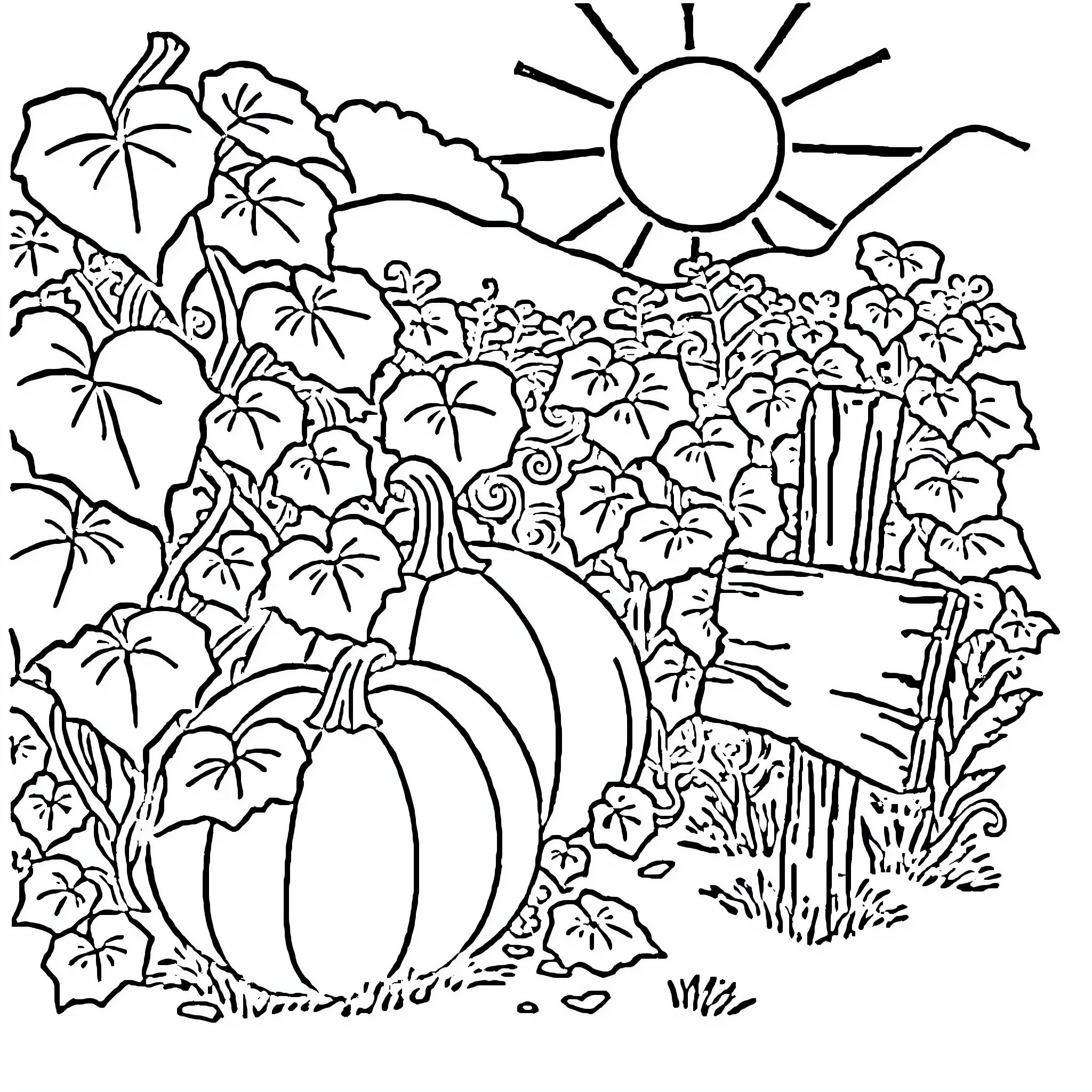 Pumpkin in the Tropical Foliage Coloring Page (free black-and-white line drawing printable PDF for all, from beginners to advanced learners, including children, teens, adults, and seniors)