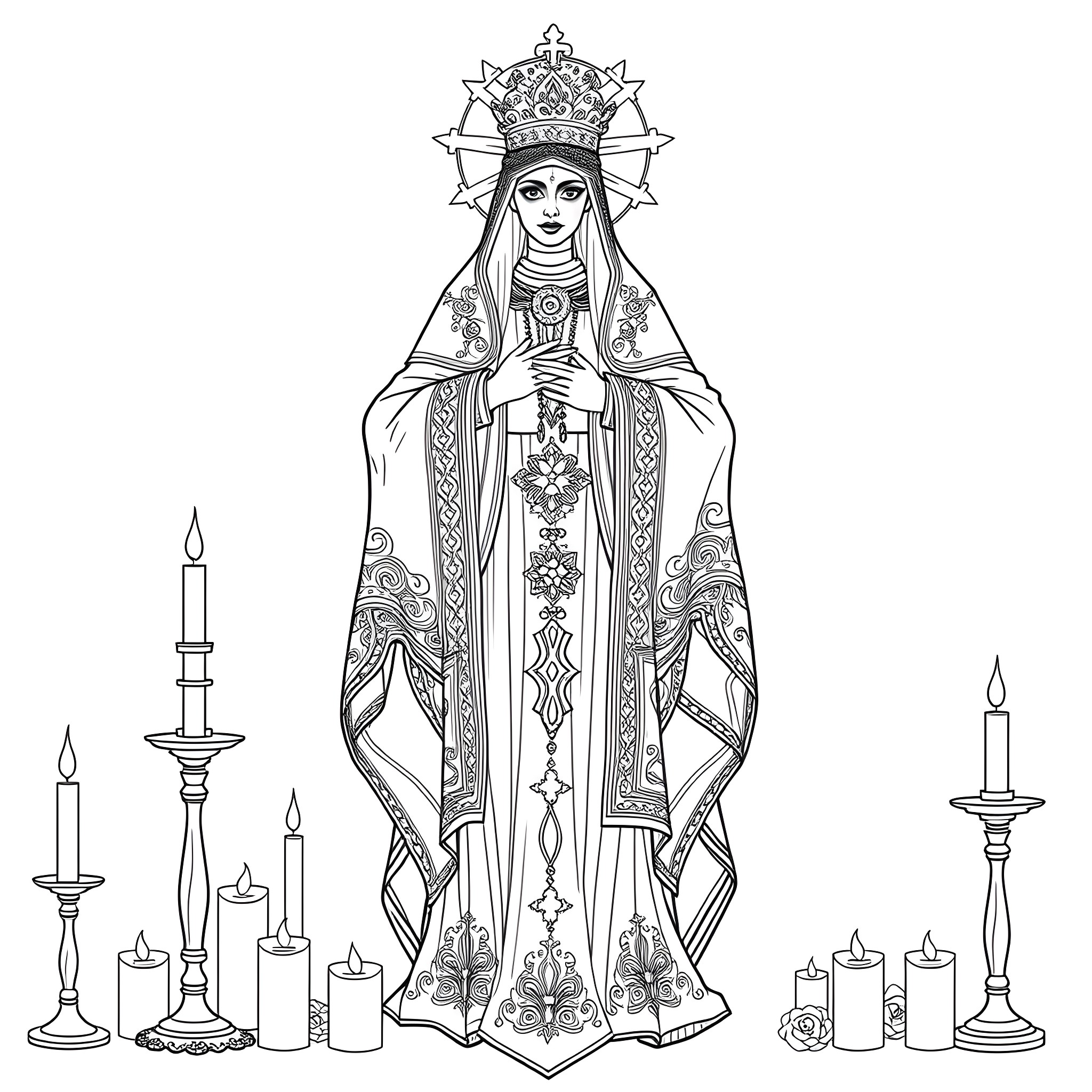 Santa Muerte in Ornate Robes with Candles Coloring Page (free black-and-white line drawing printable PDF for all, from beginners to advanced learners, including children, teens, adults, and seniors)