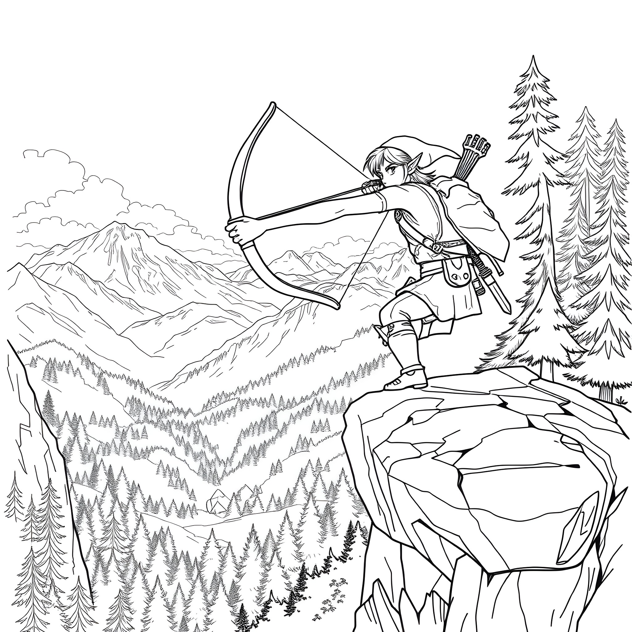 Link Aiming Bow in Mountainous Landscape Coloring Page (free black-and-white line drawing printable PDF for all, from beginners to advanced learners, including children, teens, adults, and seniors)