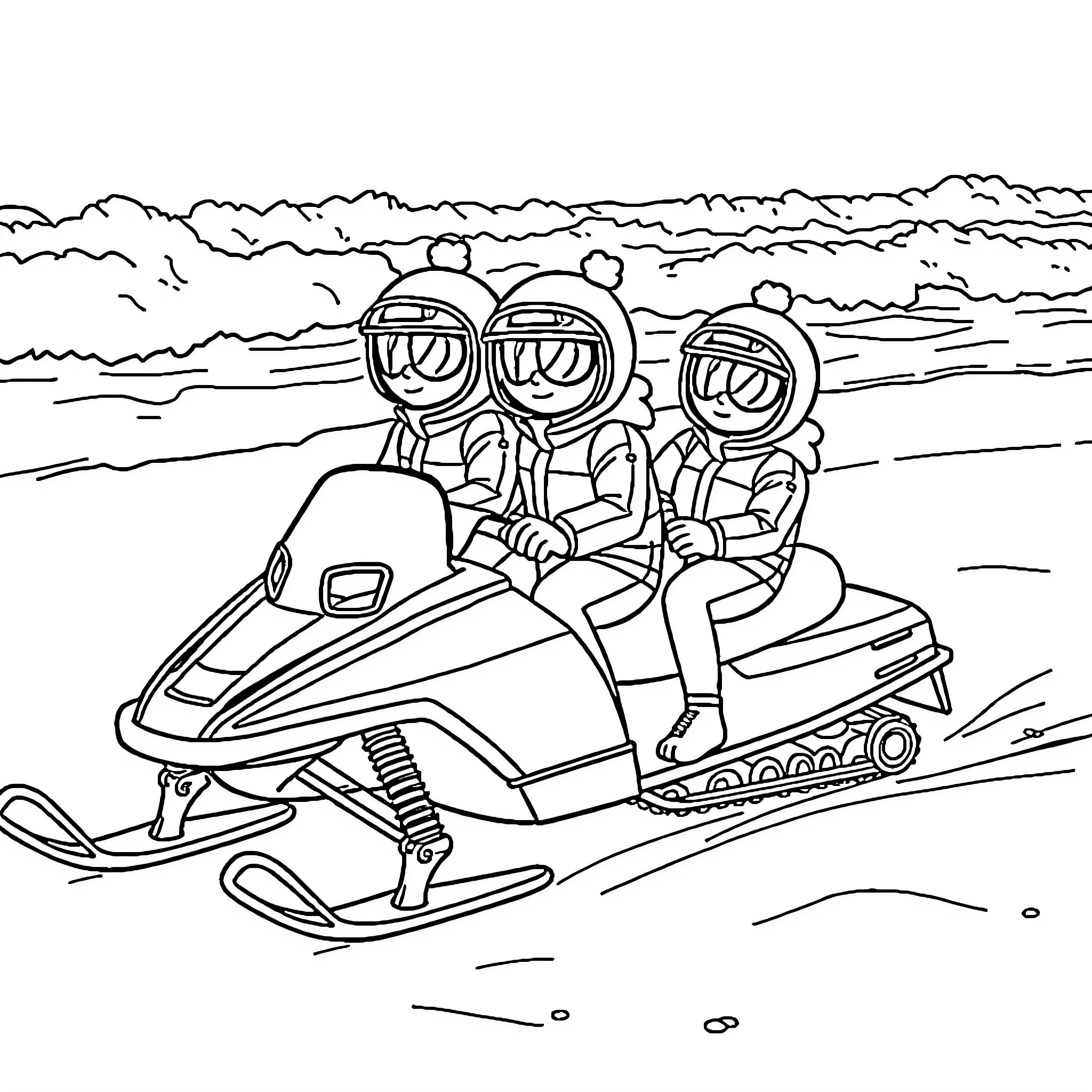 Triplet astronauts riding a snowmobile in the snow Coloring Page (free black-and-white line drawing printable PDF for all, from beginners to advanced learners, including children, teens, adults, and seniors)