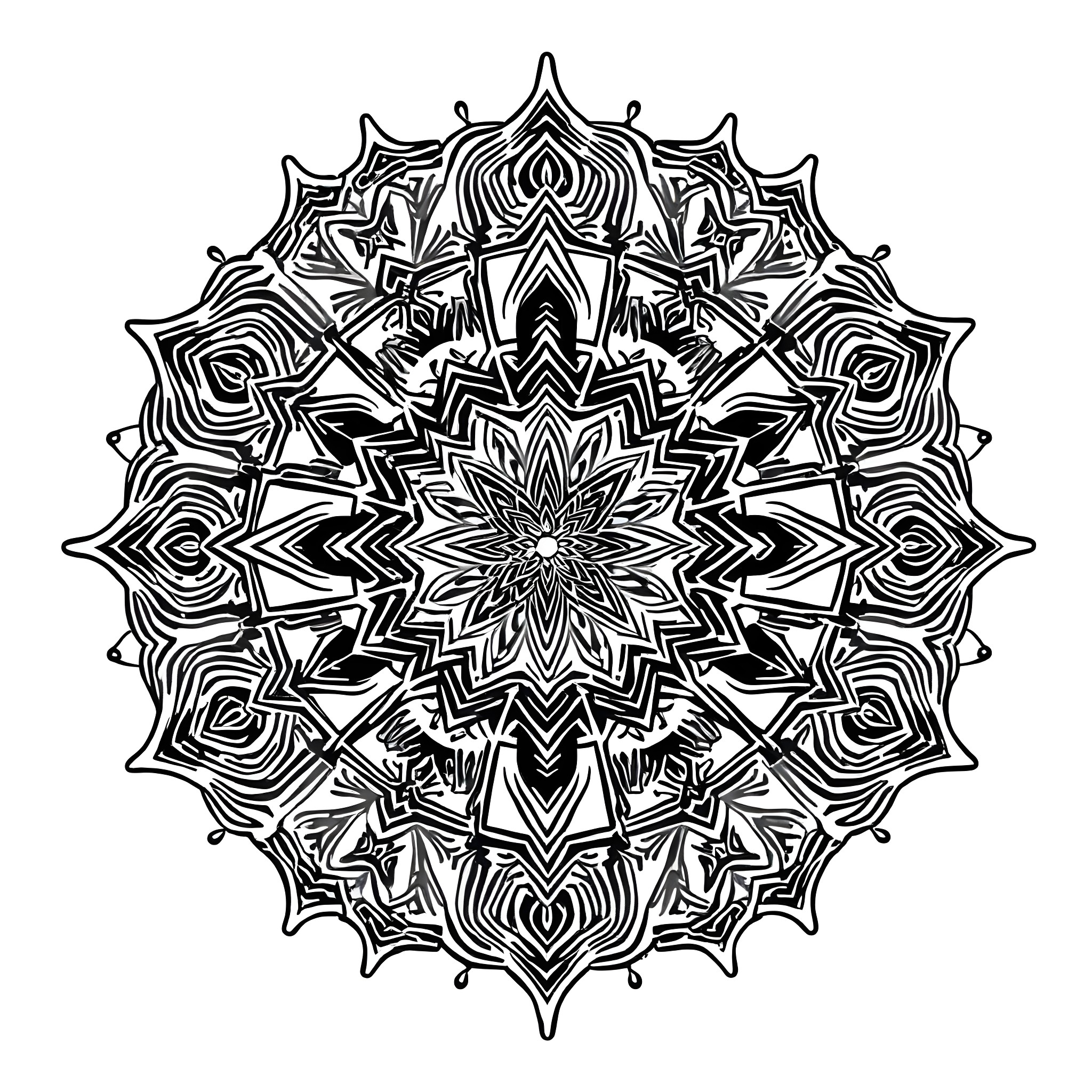Mandala of intricate geometric patterns Coloring Page (free black-and-white line drawing printable PDF for all, from beginners to advanced learners, including children, teens, adults, and seniors)