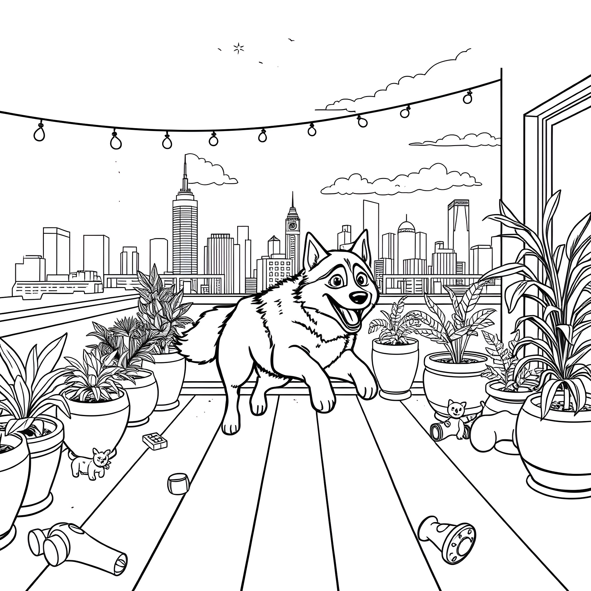 Husky enjoying the urban scenery on a rooftop terrace Coloring Page (free black-and-white line drawing printable PDF for all, from beginners to advanced learners, including children, teens, adults, and seniors)