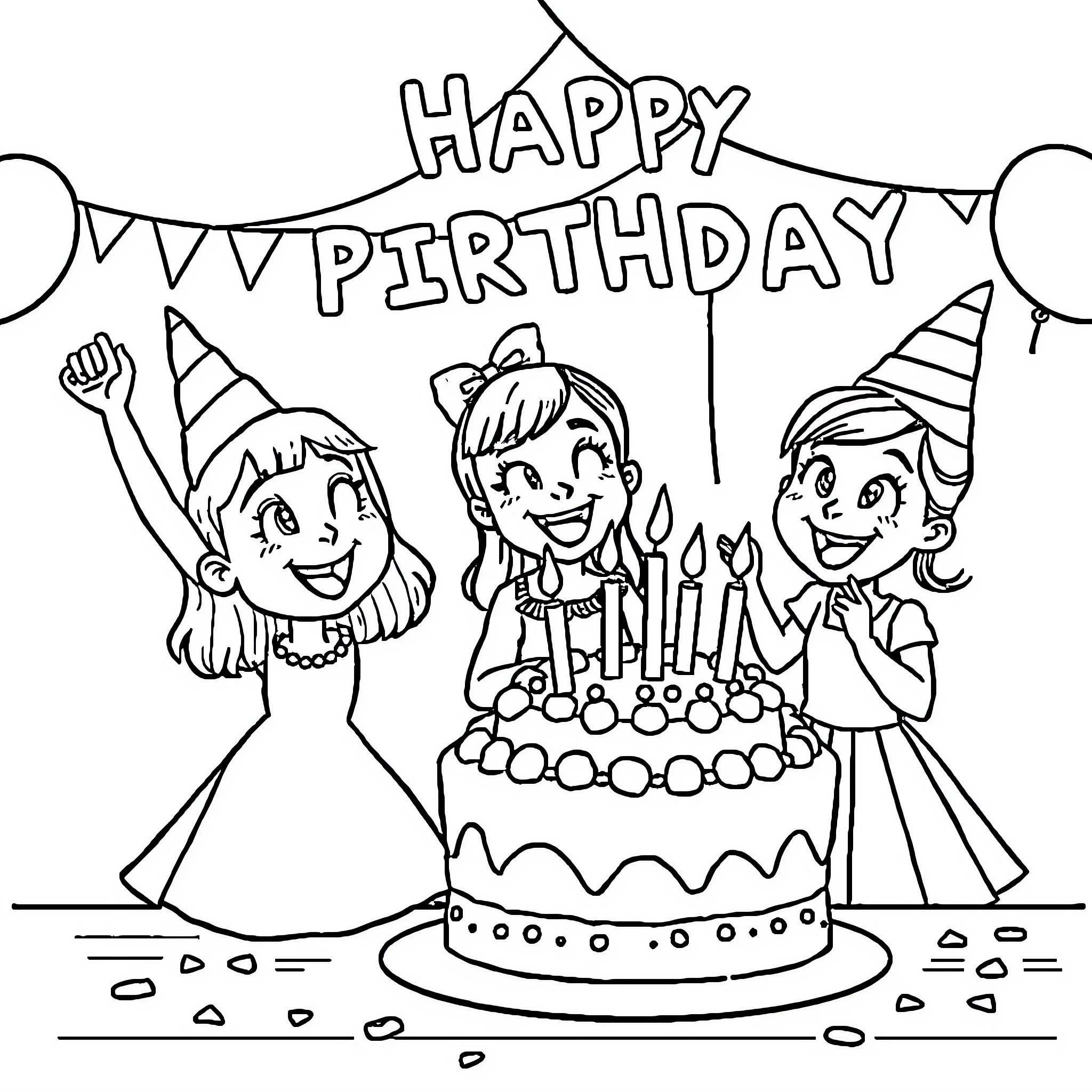 Ophelia's Happy Birthday Celebration with Friends Coloring Page (free black-and-white line drawing printable PDF for all, from beginners to advanced learners, including children, teens, adults, and seniors)