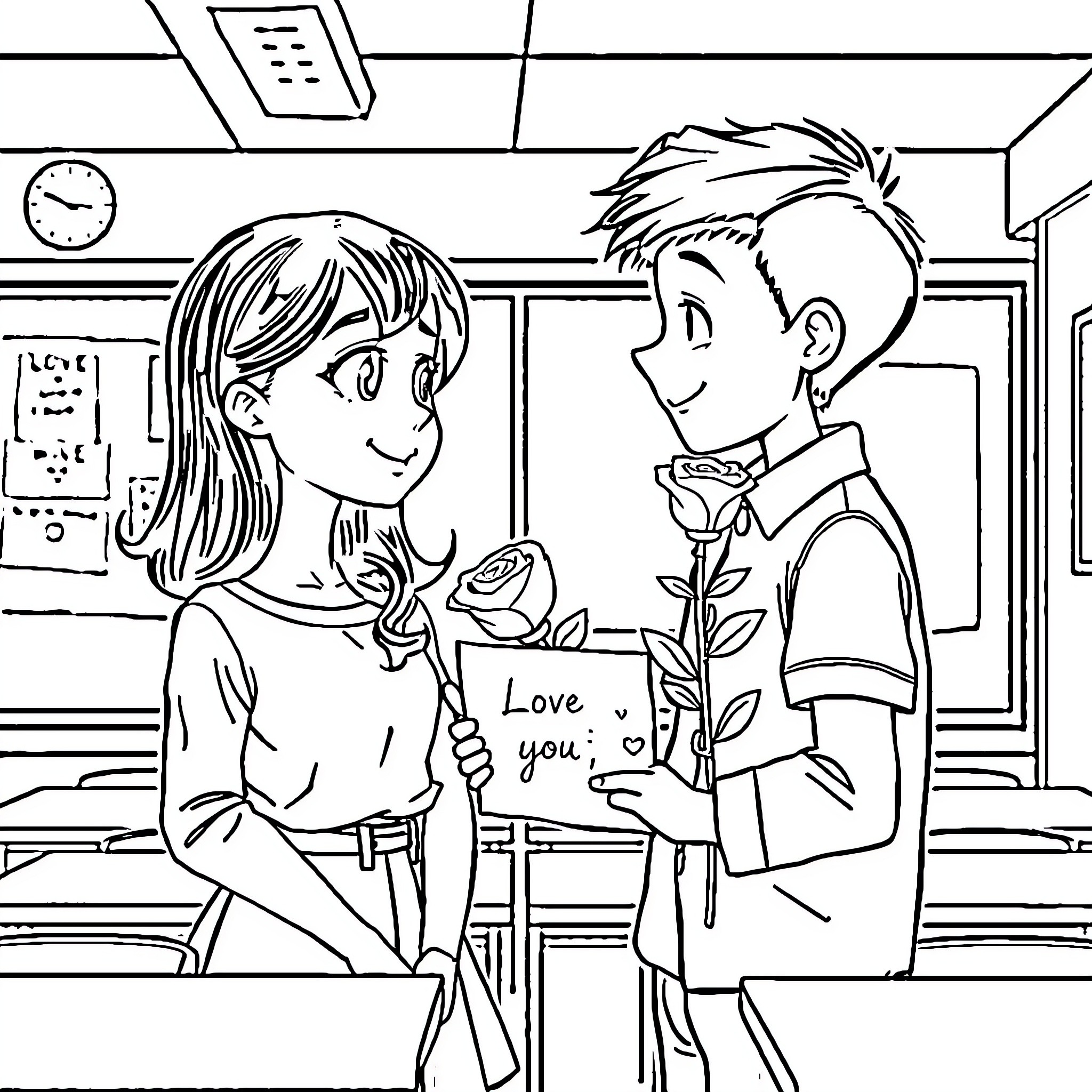 Girl receiving a rose from a boy in the classroom Coloring Page (free black-and-white line drawing printable PDF for all, from beginners to advanced learners, including children, teens, adults, and seniors)