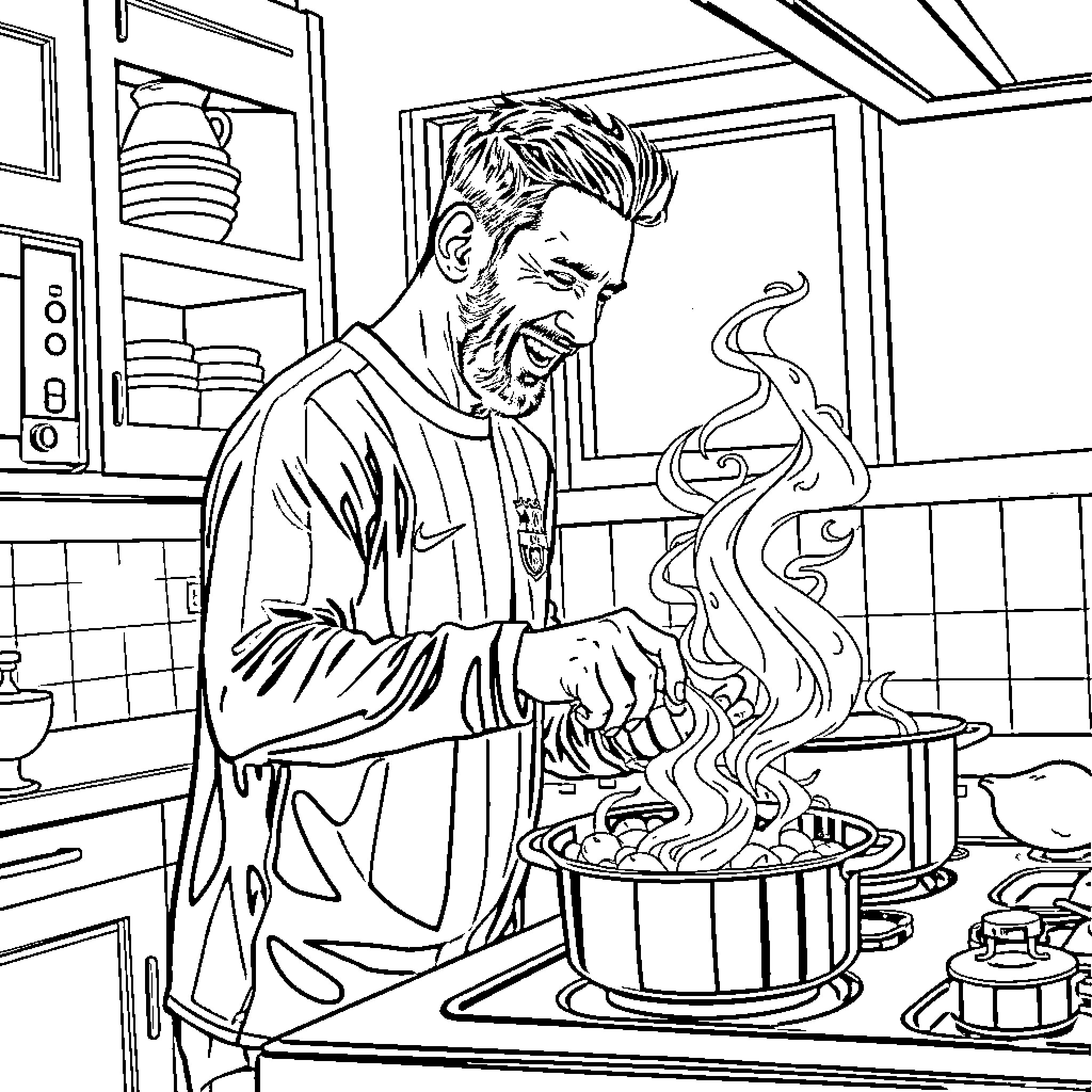 Lionel Messi cooking a meal in the kitchen Coloring Page (free black-and-white line drawing printable PDF for all, from beginners to advanced learners, including children, teens, adults, and seniors)