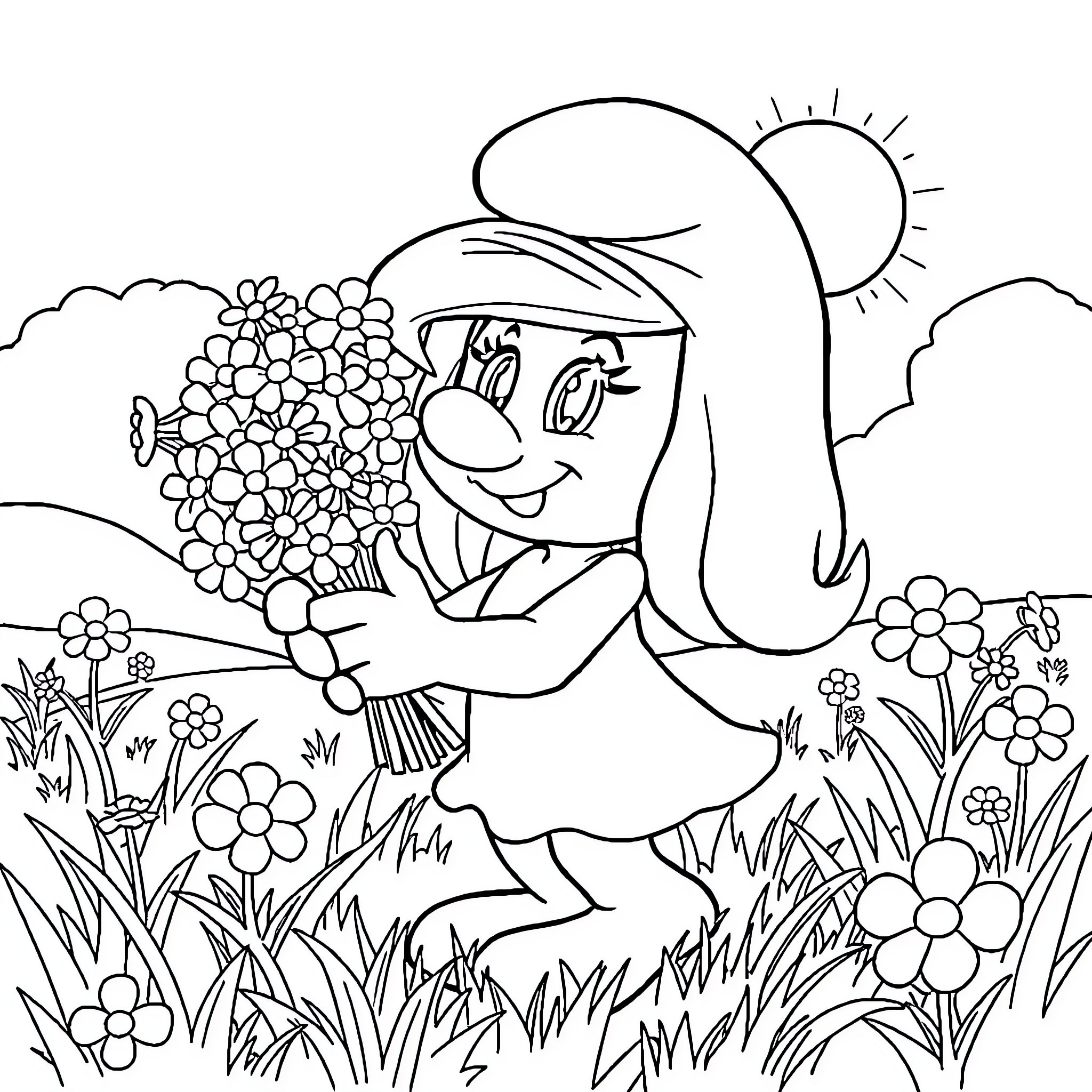 Smurfette enjoying a sunny day with flowers Coloring Page (free black-and-white line drawing printable PDF for all, from beginners to advanced learners, including children, teens, adults, and seniors)