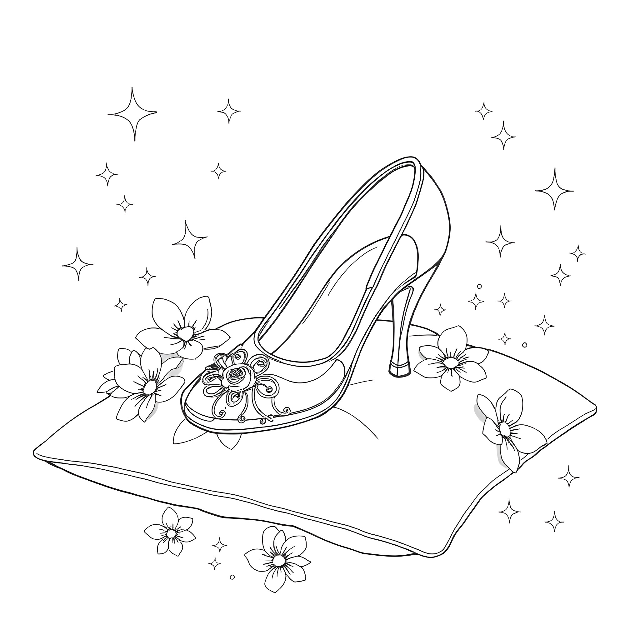 Cinderella's Elegant Glass Slipper and Flowers Coloring Page (free black-and-white line drawing printable PDF for all, from beginners to advanced learners, including children, teens, adults, and seniors)