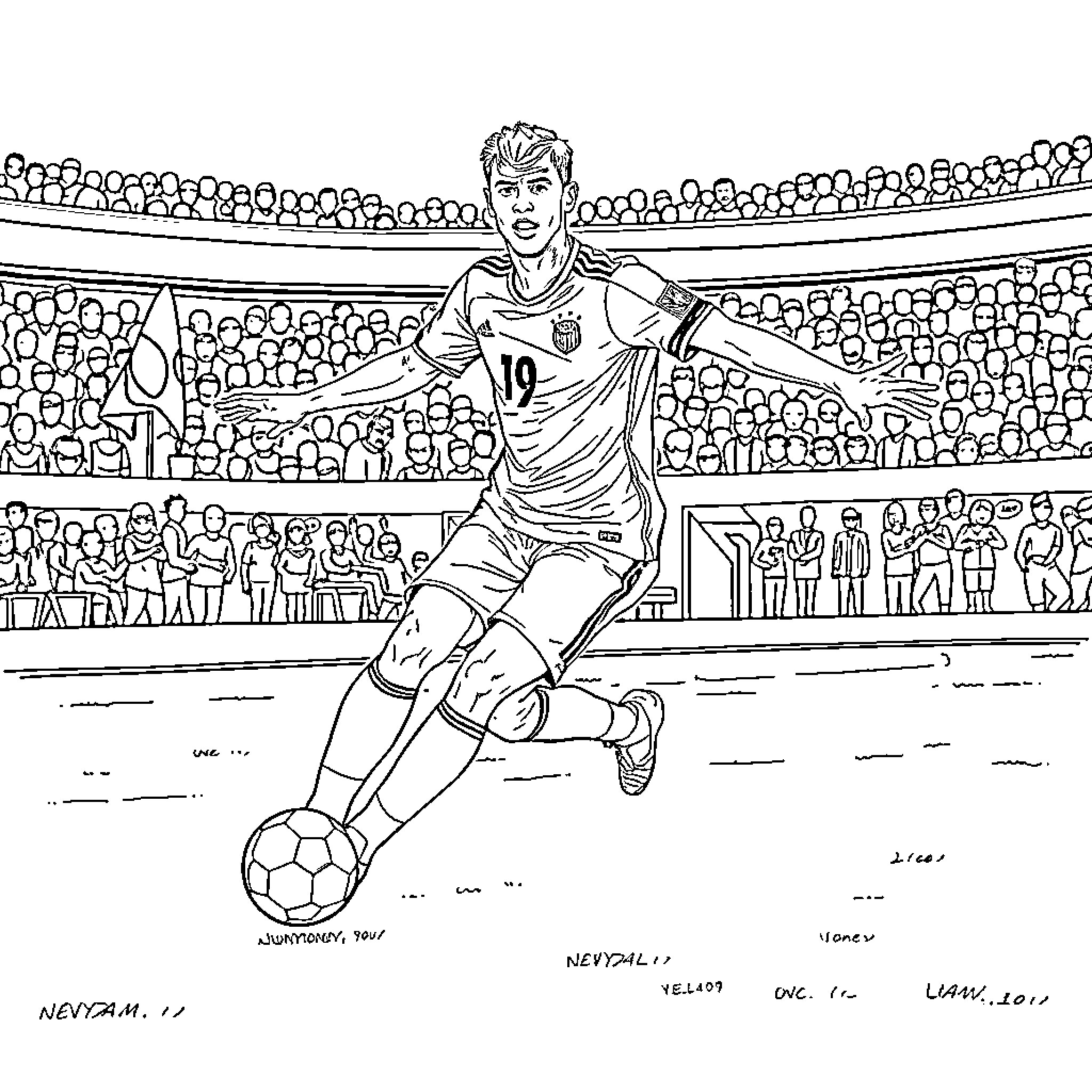 Neymar playing football on the field Coloring Page (free black-and-white line drawing printable PDF for all, from beginners to advanced learners, including children, teens, adults, and seniors)