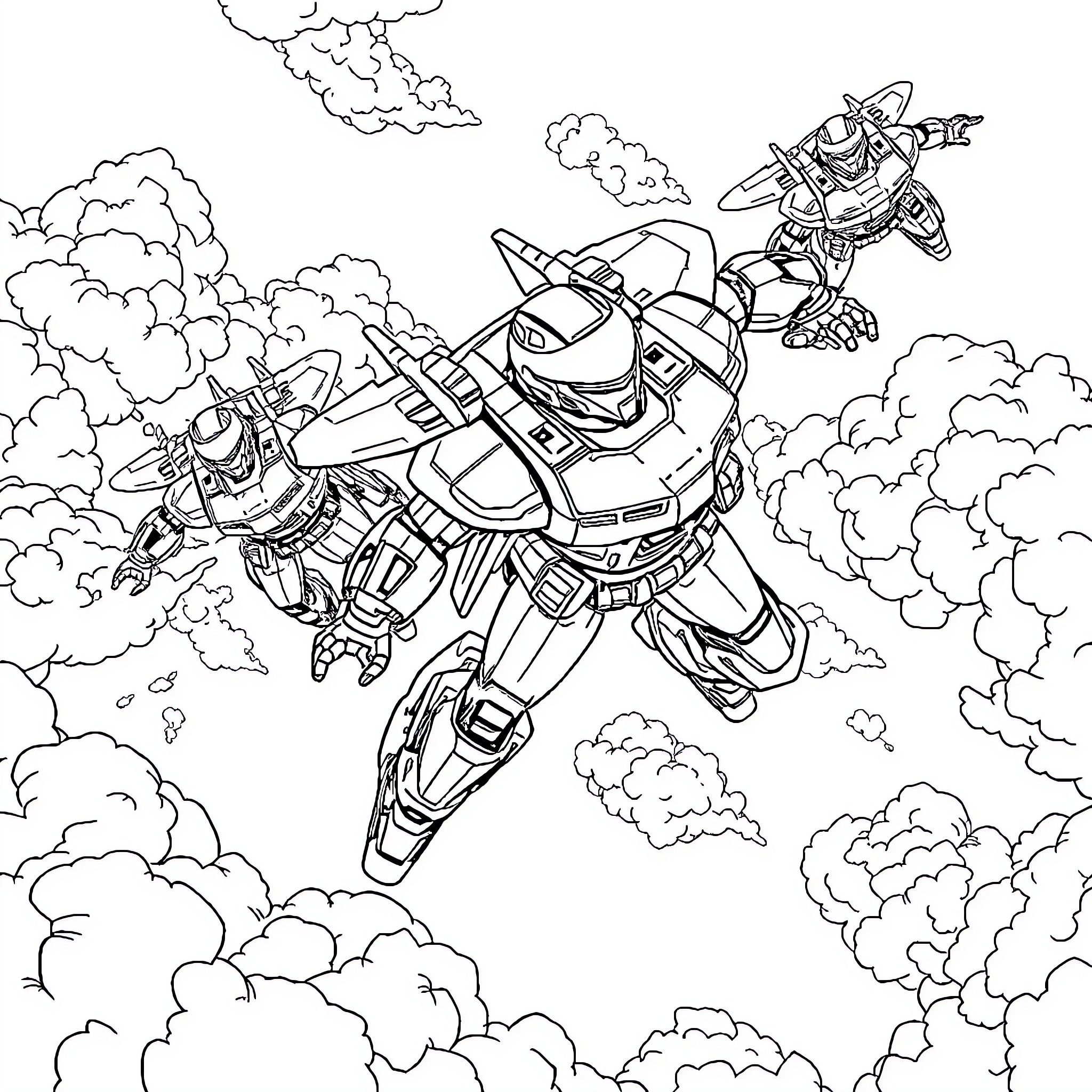 Robots in action-packed aerial combat scene Coloring Page (free black-and-white line drawing printable PDF for all, from beginners to advanced learners, including children, teens, adults, and seniors)