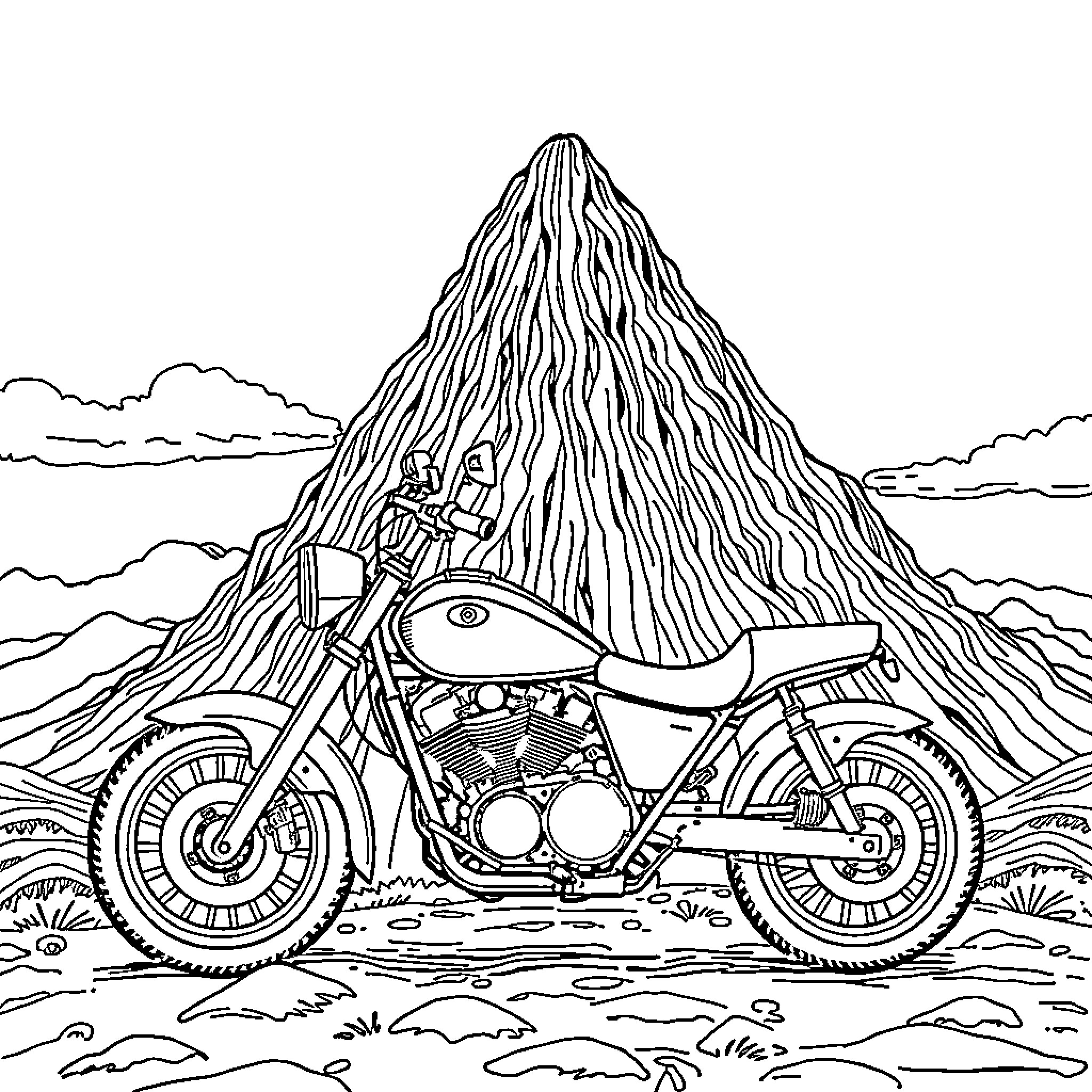 Motorcycle Adventure in the Mountains Coloring Page (free black-and-white line drawing printable PDF for all, from beginners to advanced learners, including children, teens, adults, and seniors)