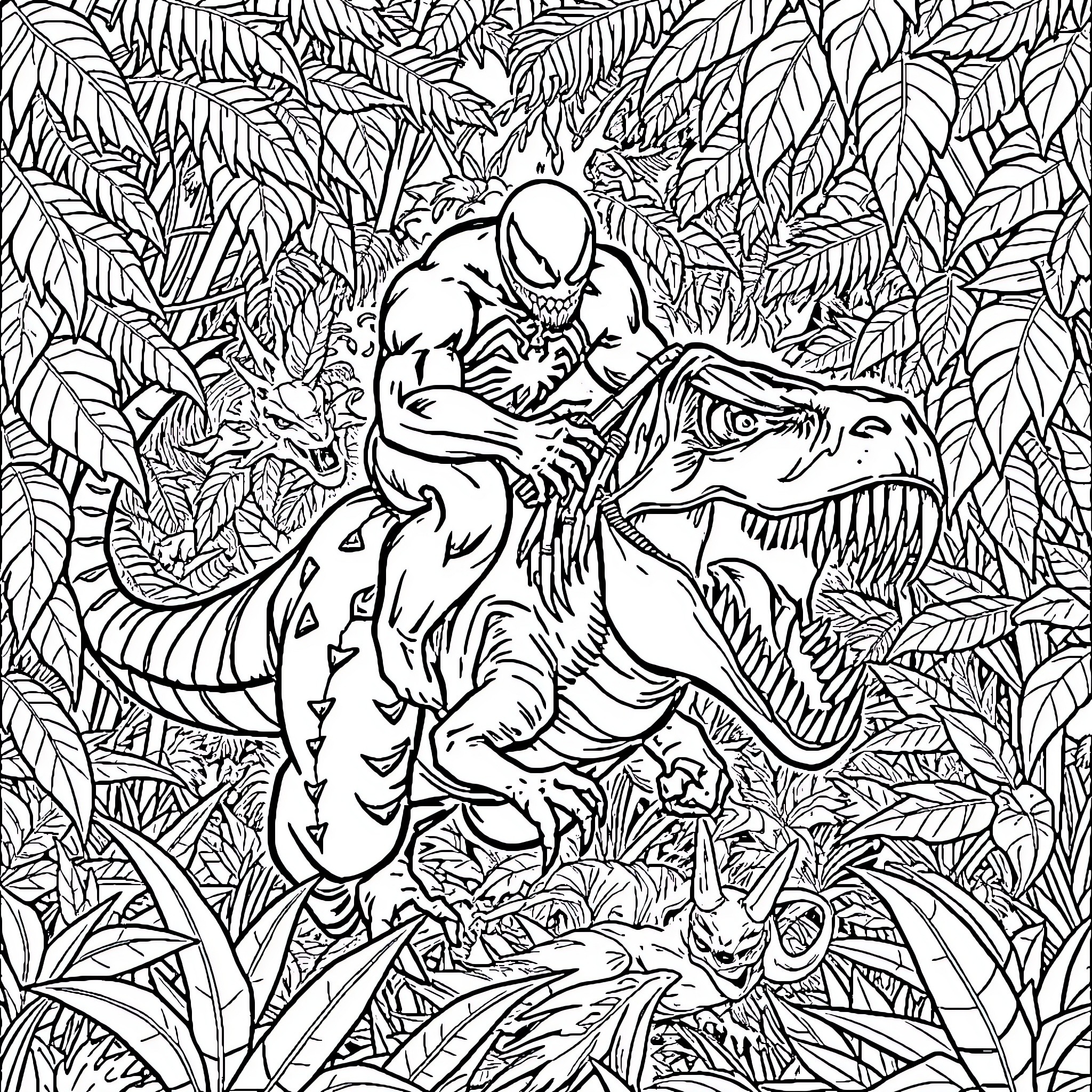 Venom Battles Ferocious Dinosaur in Lush Jungle Landscape Coloring Page (free black-and-white line drawing printable PDF for all, from beginners to advanced learners, including children, teens, adults, and seniors)