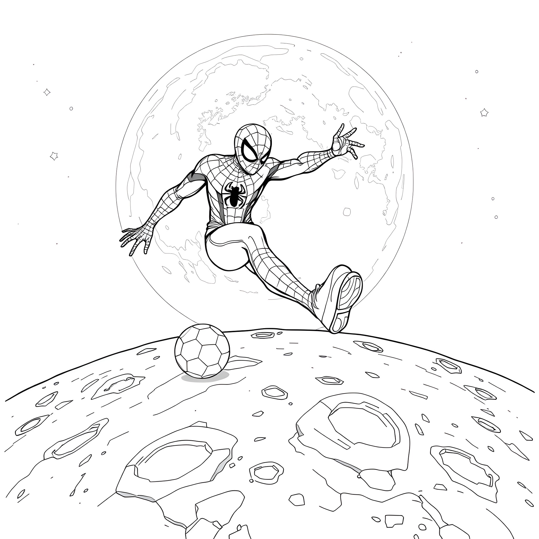 Spiderman leaping on the moon Coloring Page (free black-and-white line drawing printable PDF for all, from beginners to advanced learners, including children, teens, adults, and seniors)