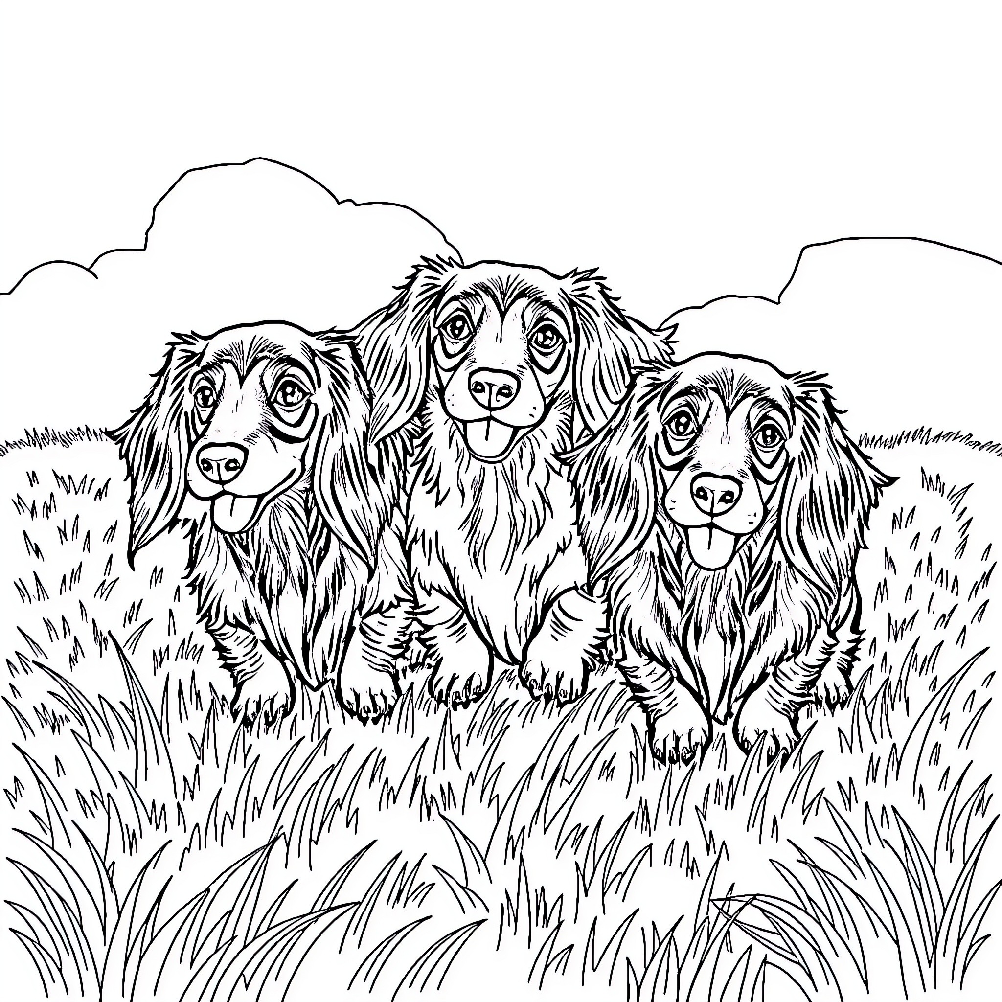 Dachshund trio exploring the great outdoors Coloring Page (free black-and-white line drawing printable PDF for all, from beginners to advanced learners, including children, teens, adults, and seniors)