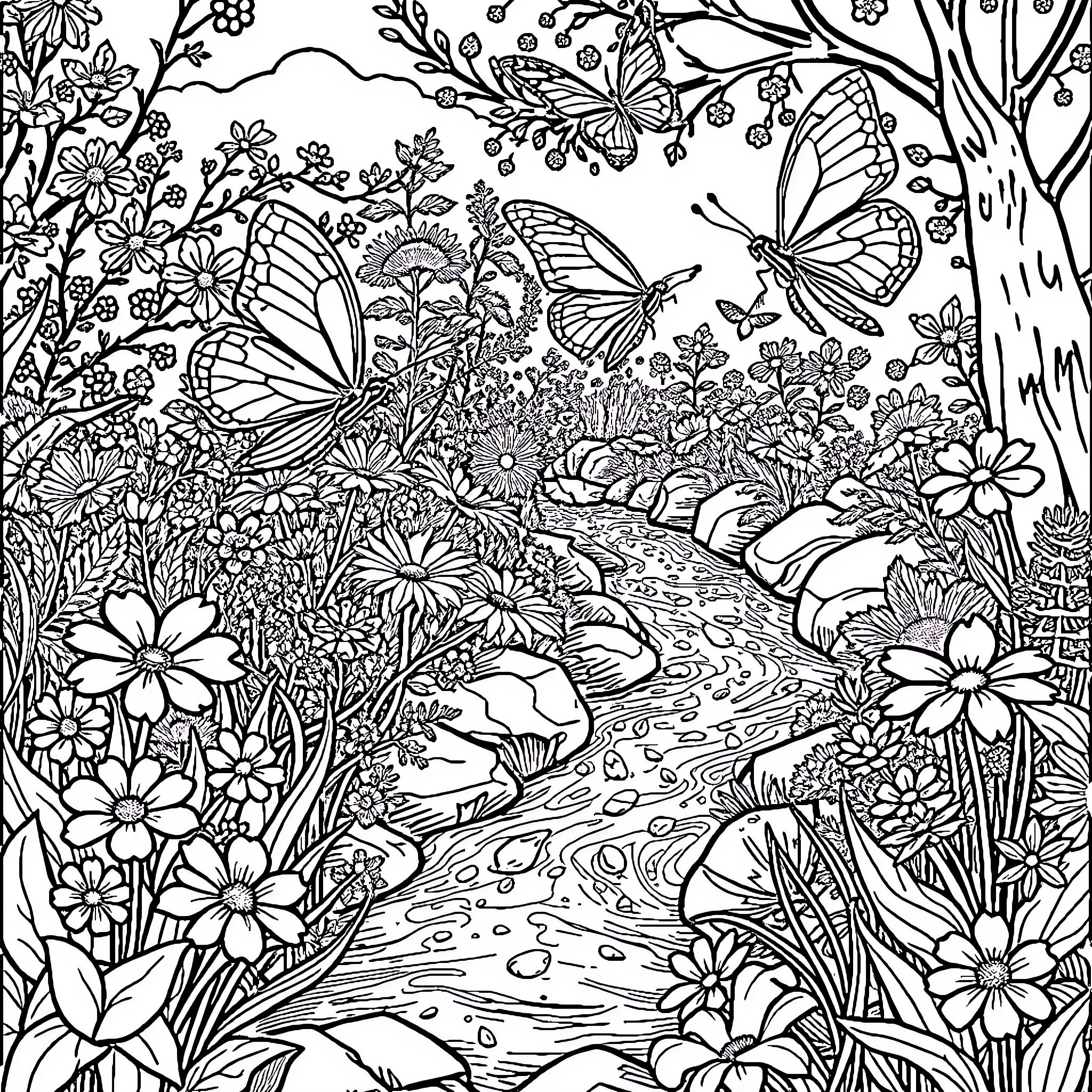 Butterfly Garden of Enchantment Coloring Page (free black-and-white line drawing printable PDF for all, from beginners to advanced learners, including children, teens, adults, and seniors)