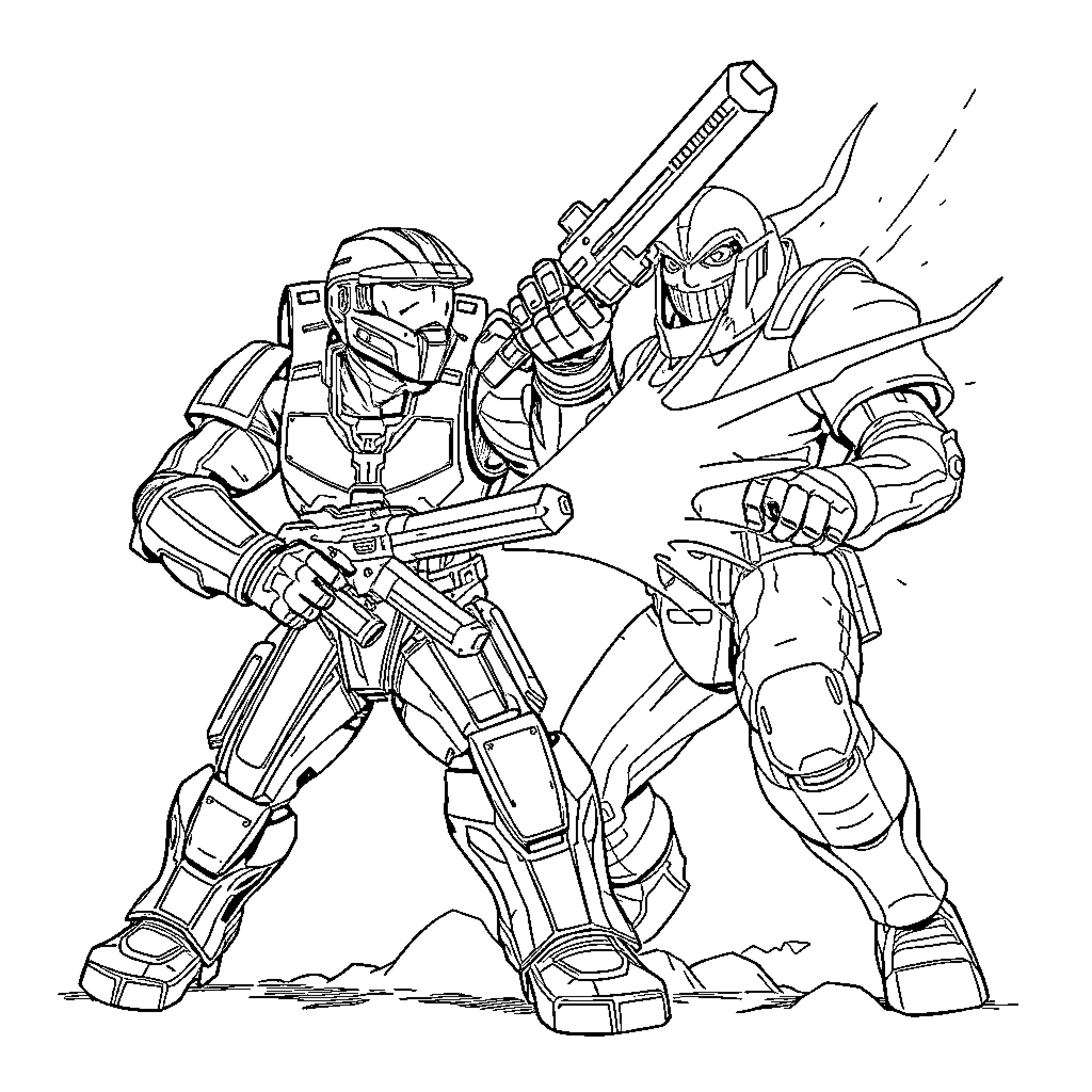 Master Chief in intense combat with armed adversary Coloring Page (free black-and-white line drawing printable PDF for all, from beginners to advanced learners, including children, teens, adults, and seniors)