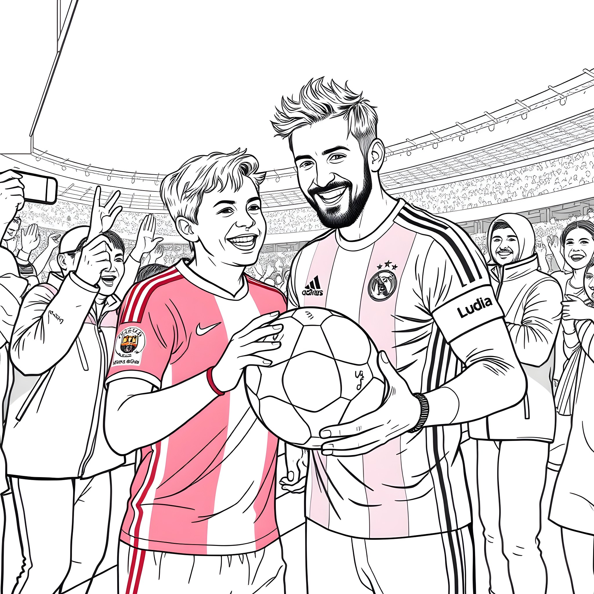 Luka Modric with young fan on soccer field Coloring Page (free black-and-white line drawing printable PDF for all, from beginners to advanced learners, including children, teens, adults, and seniors)