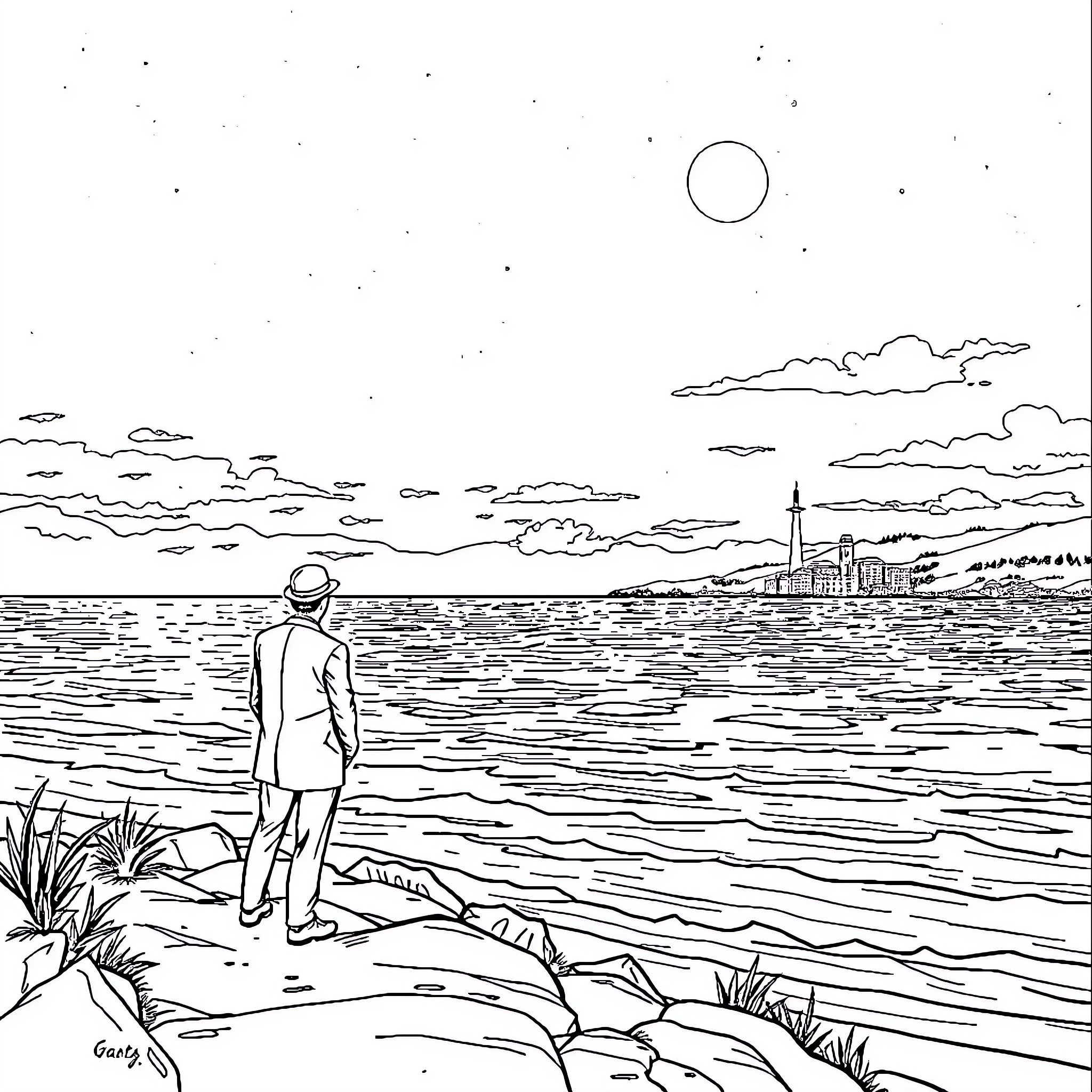 Gatsby's solitary reflection on the shoreline Coloring Page (free black-and-white line drawing printable PDF for all, from beginners to advanced learners, including children, teens, adults, and seniors)