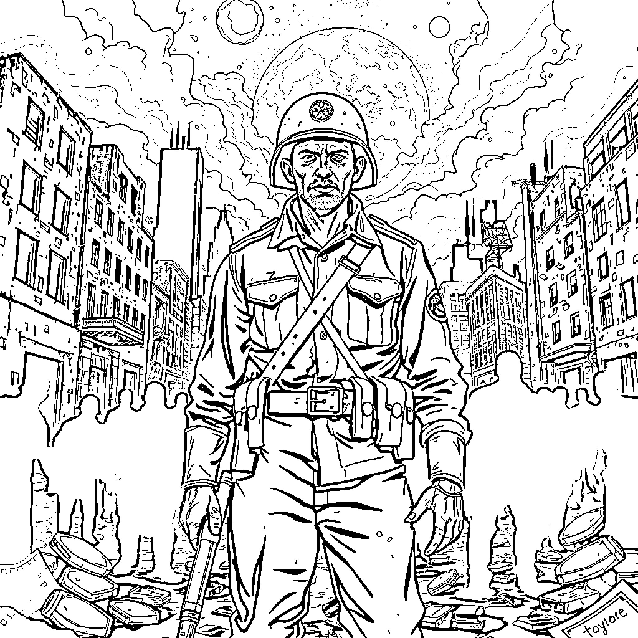 Soldier standing amidst destruction and chaos Coloring Page (free black-and-white line drawing printable PDF for all, from beginners to advanced learners, including children, teens, adults, and seniors)