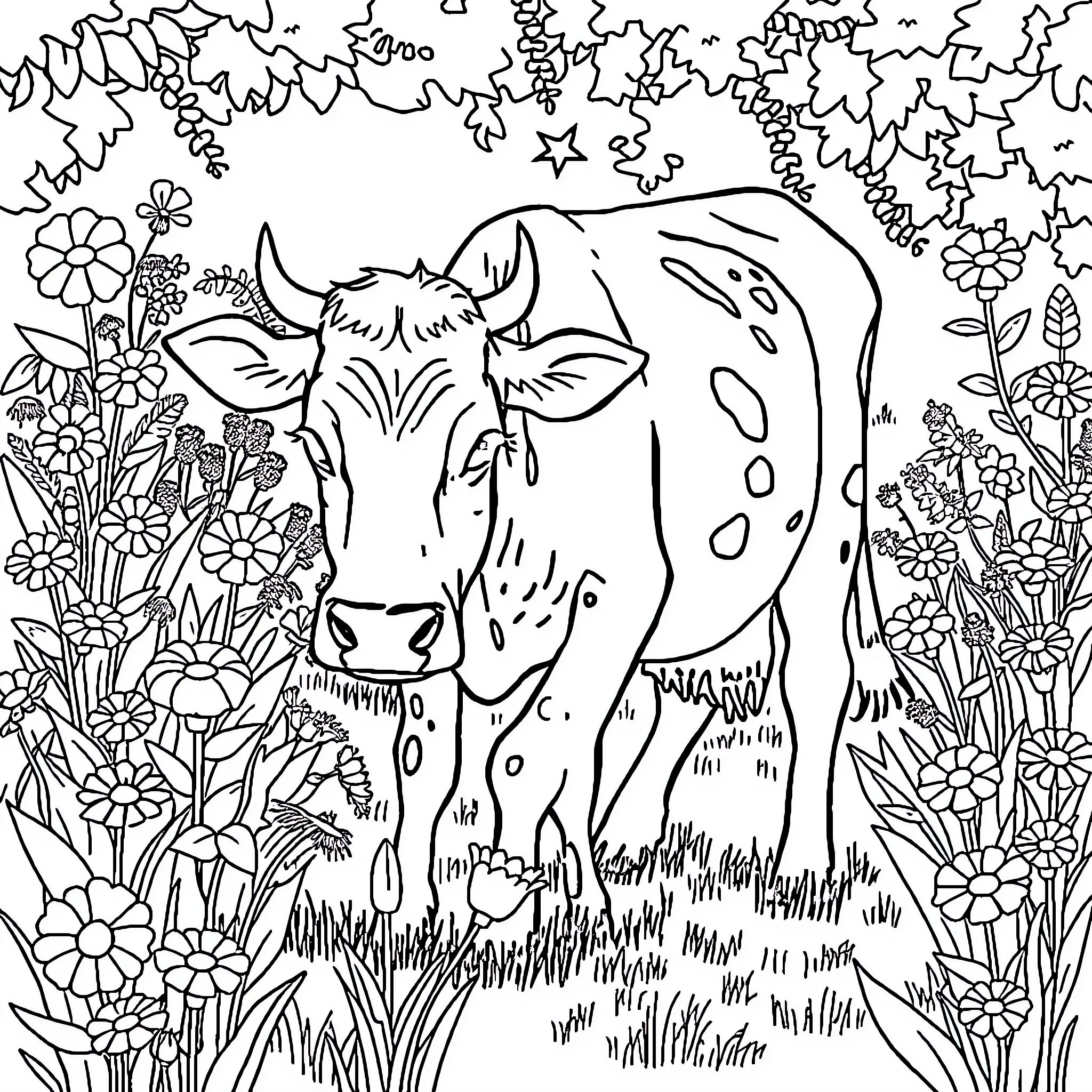 Cow enjoying a floral meadow Coloring Page (free black-and-white line drawing printable PDF for all, from beginners to advanced learners, including children, teens, adults, and seniors)