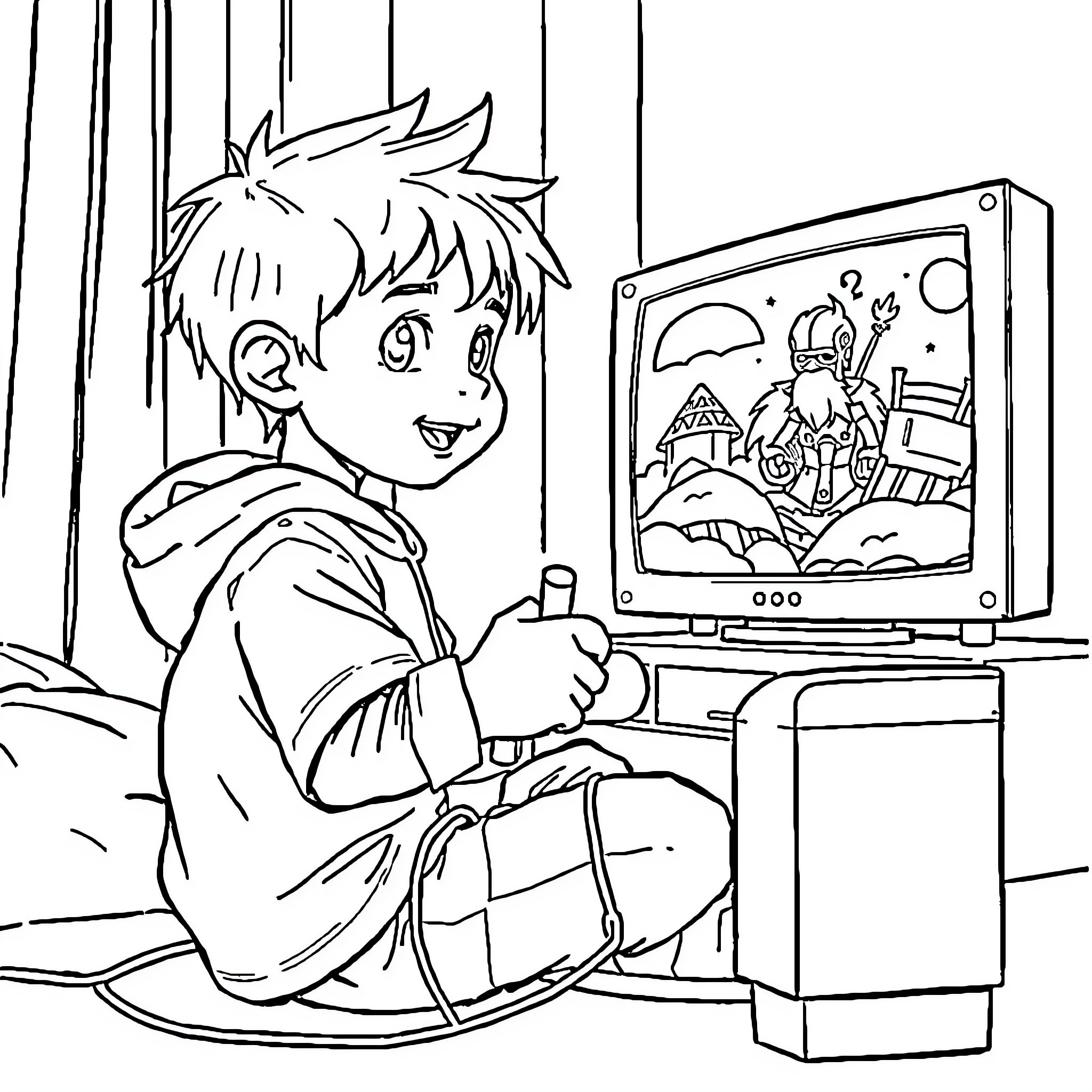 Bambino Enjoying Video Game Entertainment Coloring Page (free black-and-white line drawing printable PDF for all, from beginners to advanced learners, including children, teens, adults, and seniors)