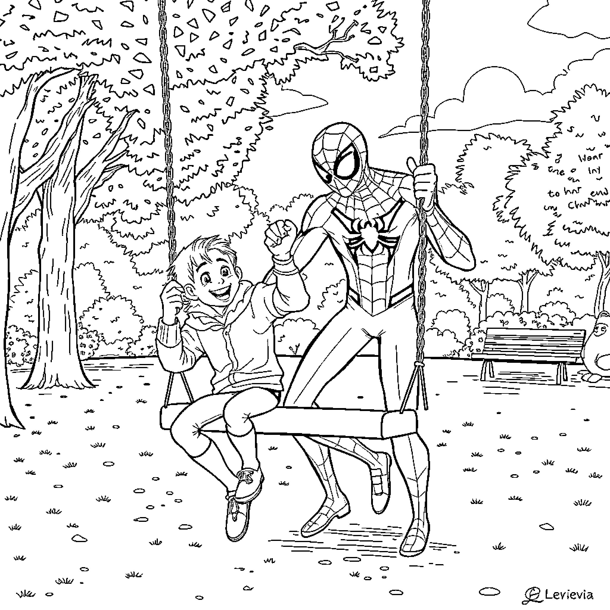 Spider-Man helping a child in the park Coloring Page (free black-and-white line drawing printable PDF for all, from beginners to advanced learners, including children, teens, adults, and seniors)