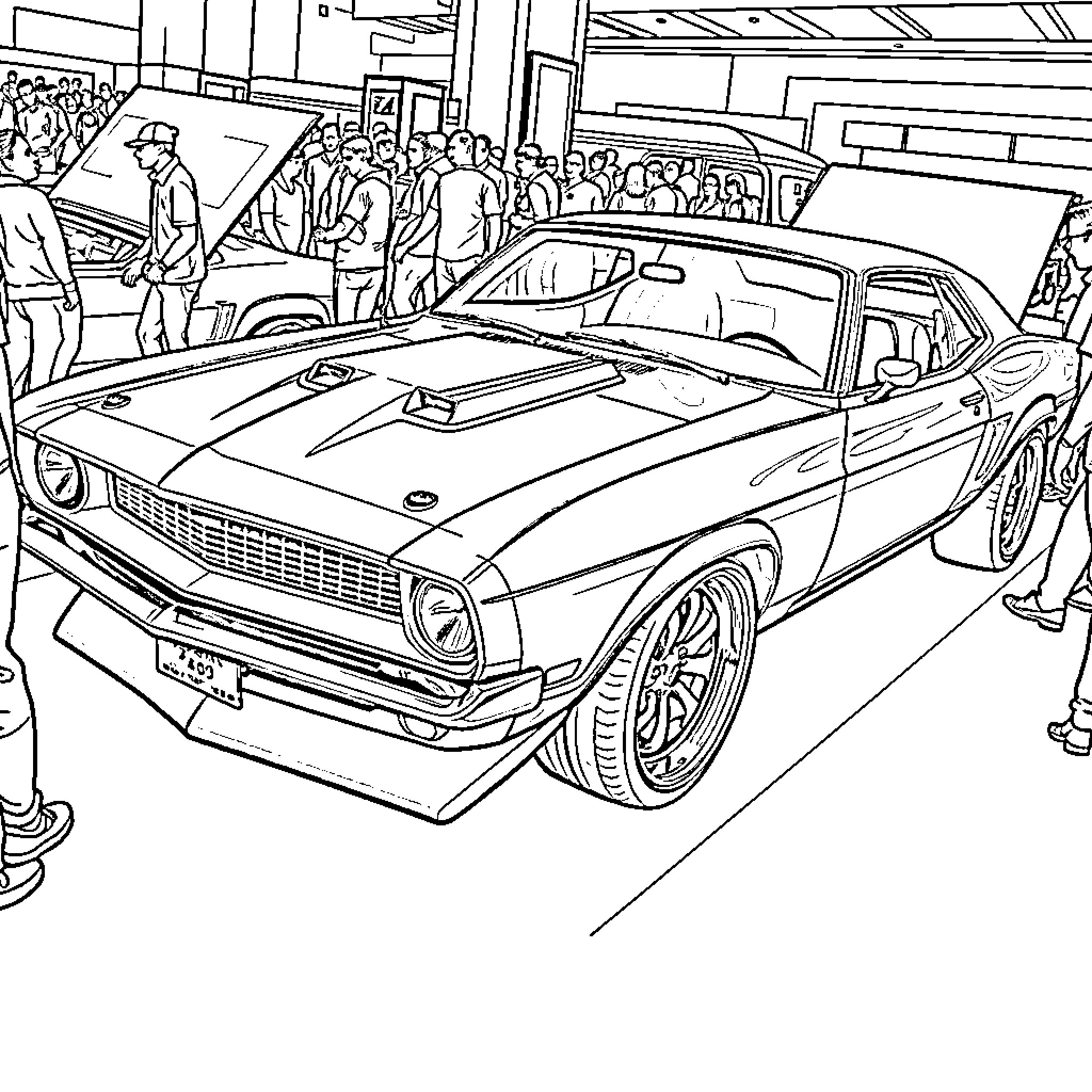 Muscle Car Enthusiasts Admiring Classic Automobile Coloring Page (free black-and-white line drawing printable PDF for all, from beginners to advanced learners, including children, teens, adults, and seniors)