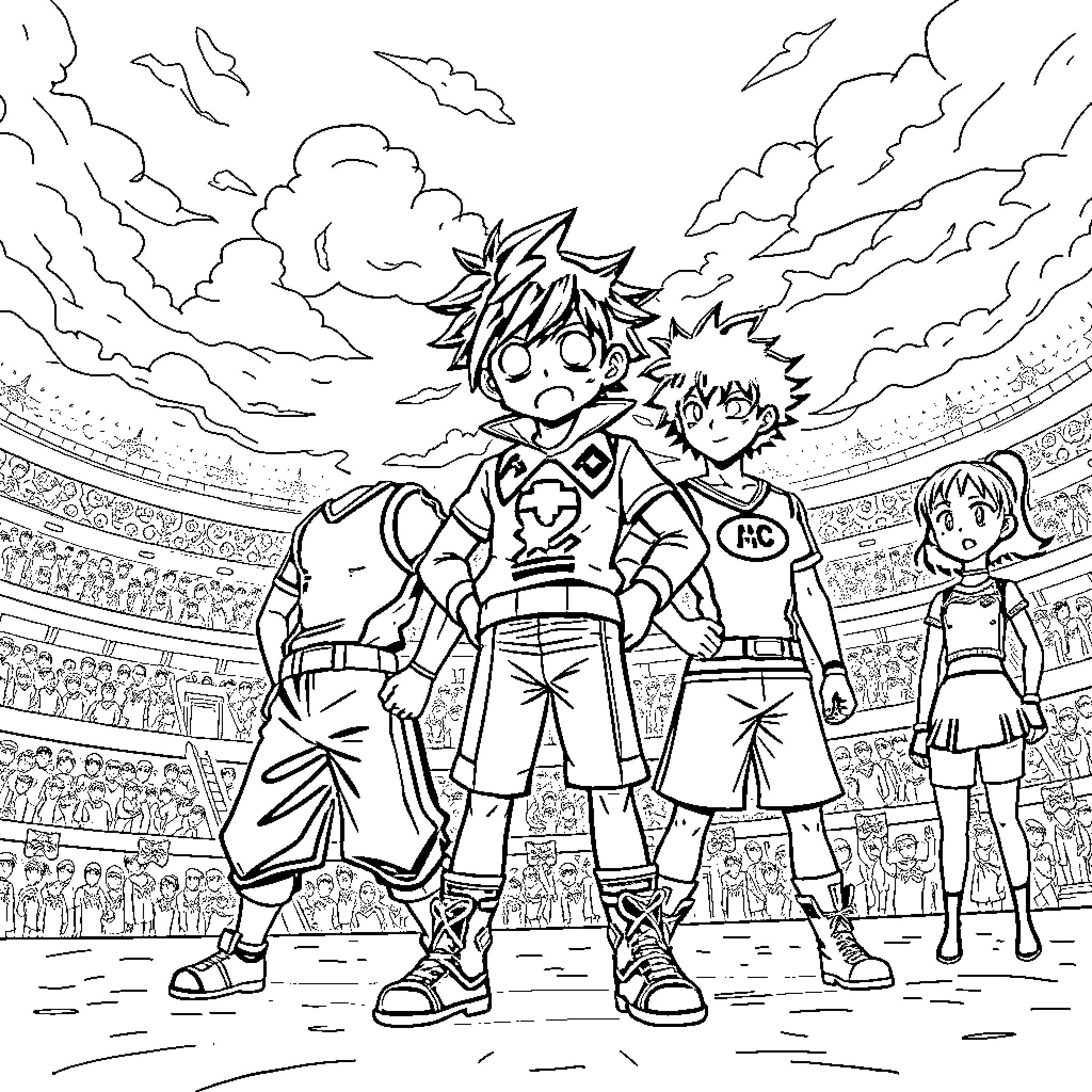 Izuku Midoriya and His Heroic Companions in an Epic Stadium Coloring Page (free black-and-white line drawing printable PDF for all, from beginners to advanced learners, including children, teens, adults, and seniors)
