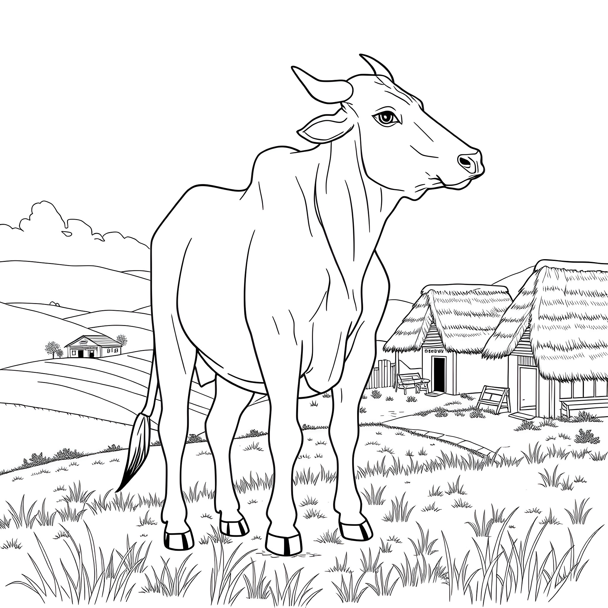 Cow standing in a rural countryside landscape Coloring Page (free black-and-white line drawing printable PDF for all, from beginners to advanced learners, including children, teens, adults, and seniors)