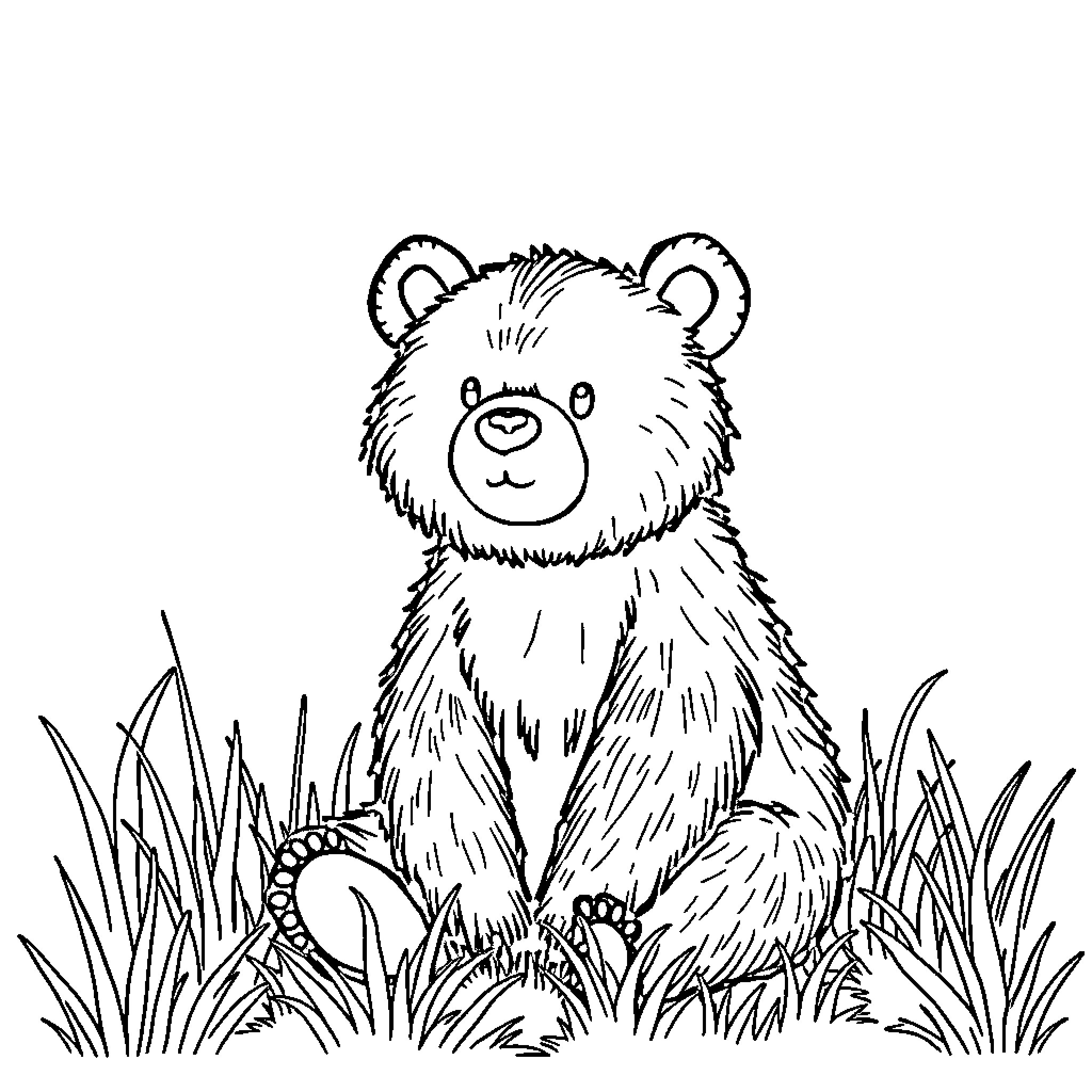 Bear sitting peacefully in the grass Coloring Page (free black-and-white line drawing printable PDF for all, from beginners to advanced learners, including children, teens, adults, and seniors)