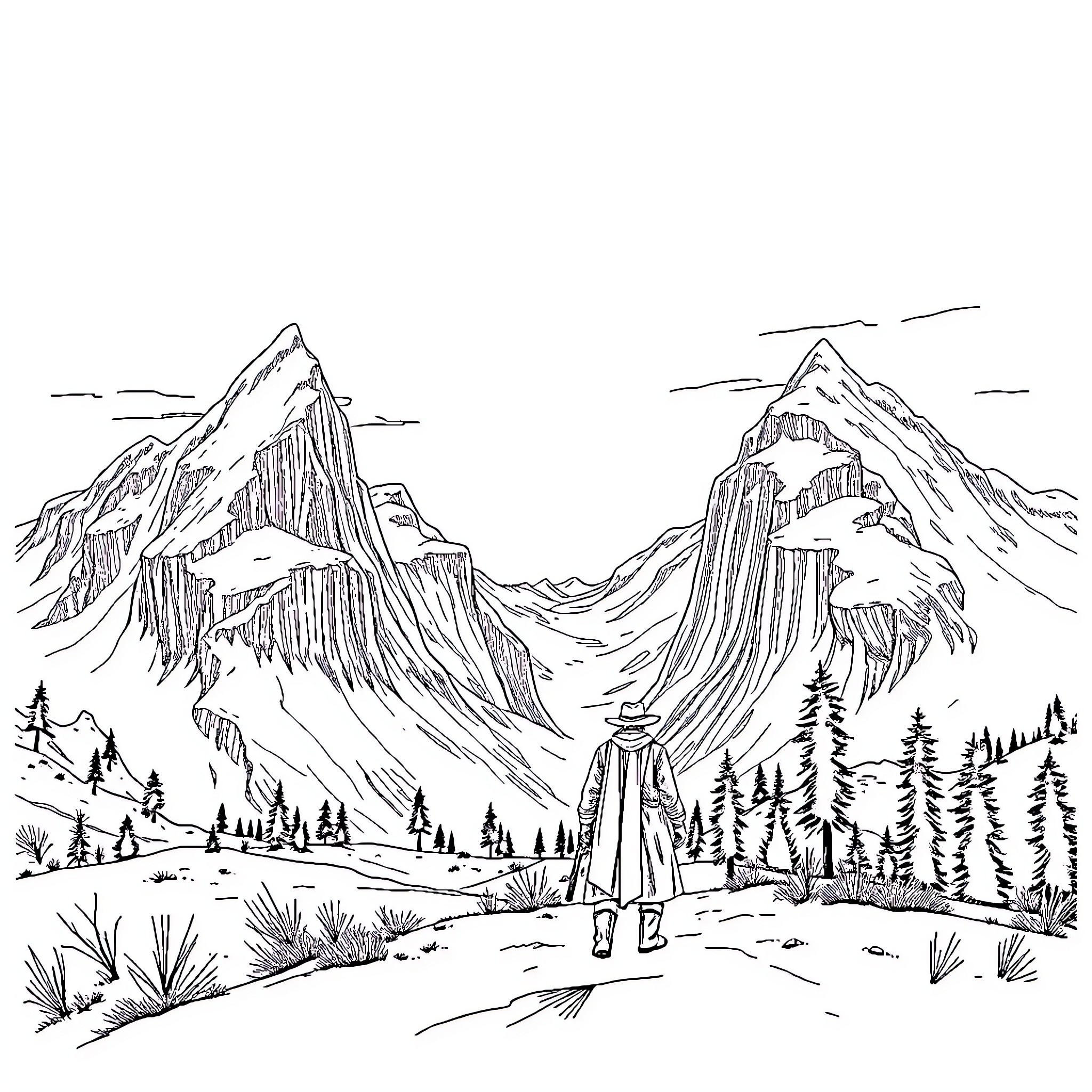 Mountain hiker exploring rugged terrain Coloring Page (free black-and-white line drawing printable PDF for all, from beginners to advanced learners, including children, teens, adults, and seniors)