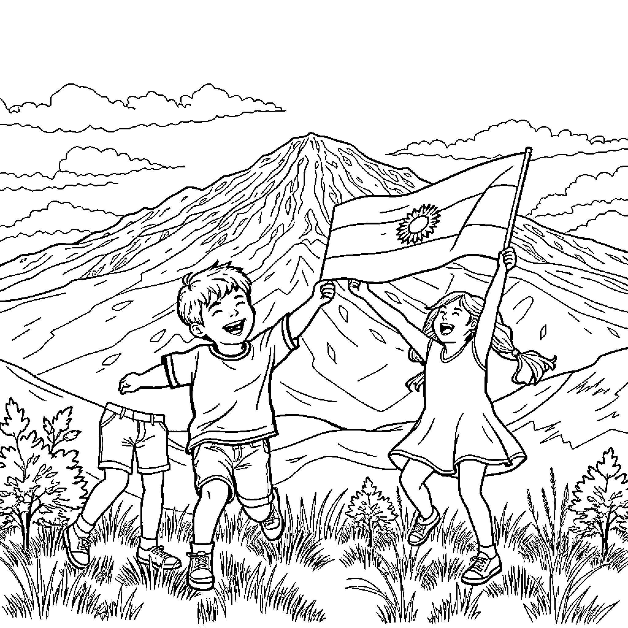 Kids playing joyfully with Argentinian flag in mountain landscape Coloring Page (free black-and-white line drawing printable PDF for all, from beginners to advanced learners, including children, teens, adults, and seniors)