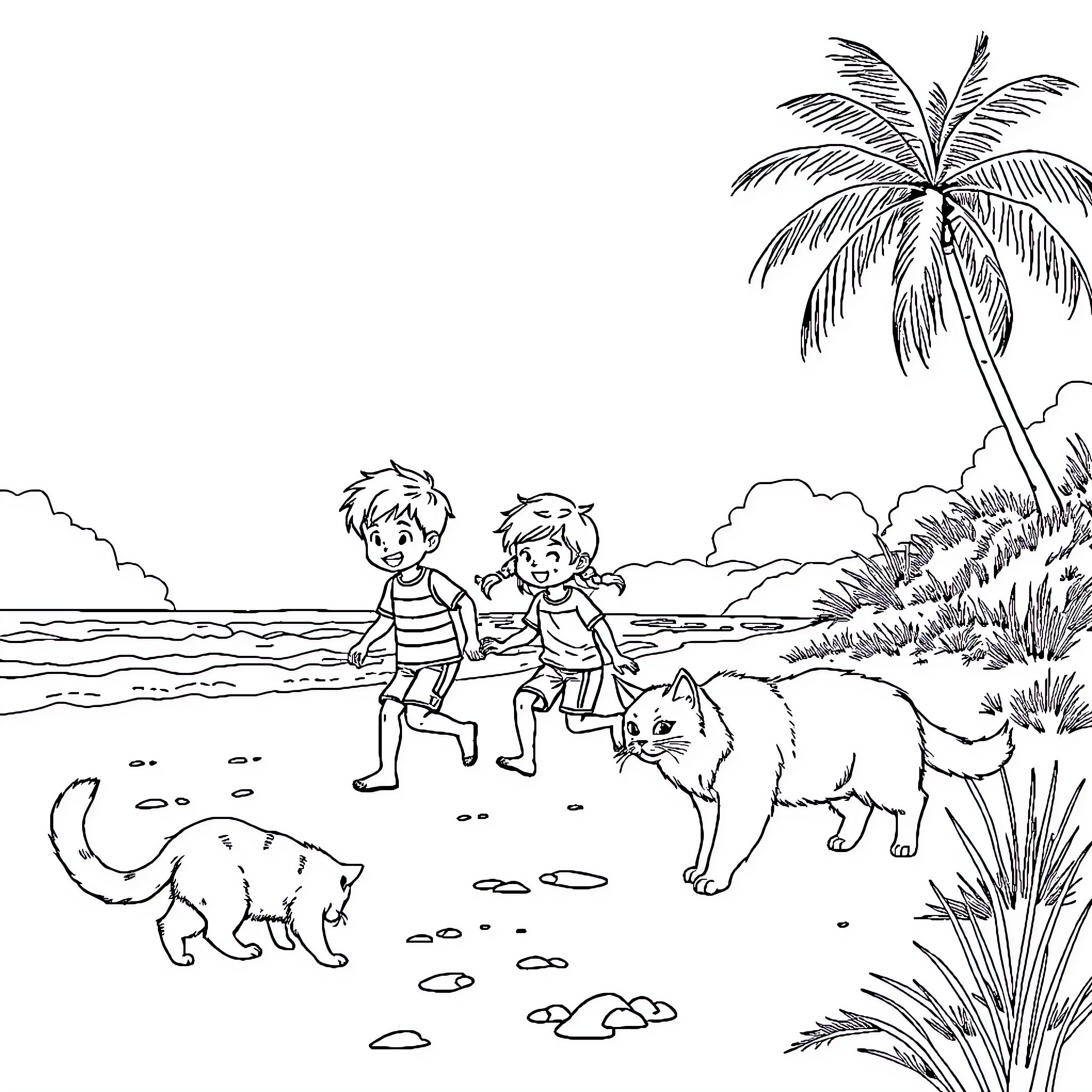 Cat and children playing on the beach Coloring Page (free black-and-white line drawing printable PDF for all, from beginners to advanced learners, including children, teens, adults, and seniors)
