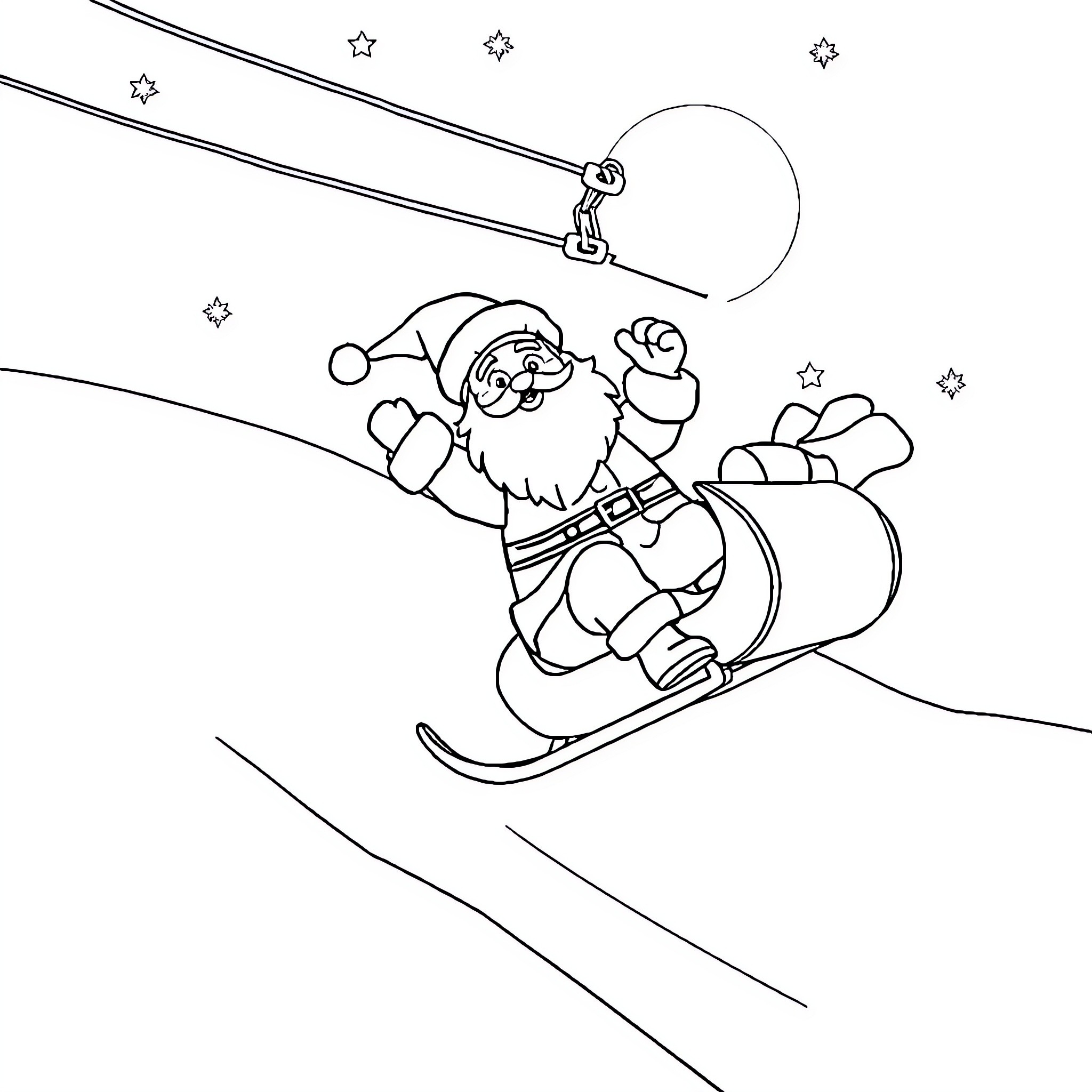 Père Noël sledding down a snowy hill Coloring Page (free black-and-white line drawing printable PDF for all, from beginners to advanced learners, including children, teens, adults, and seniors)