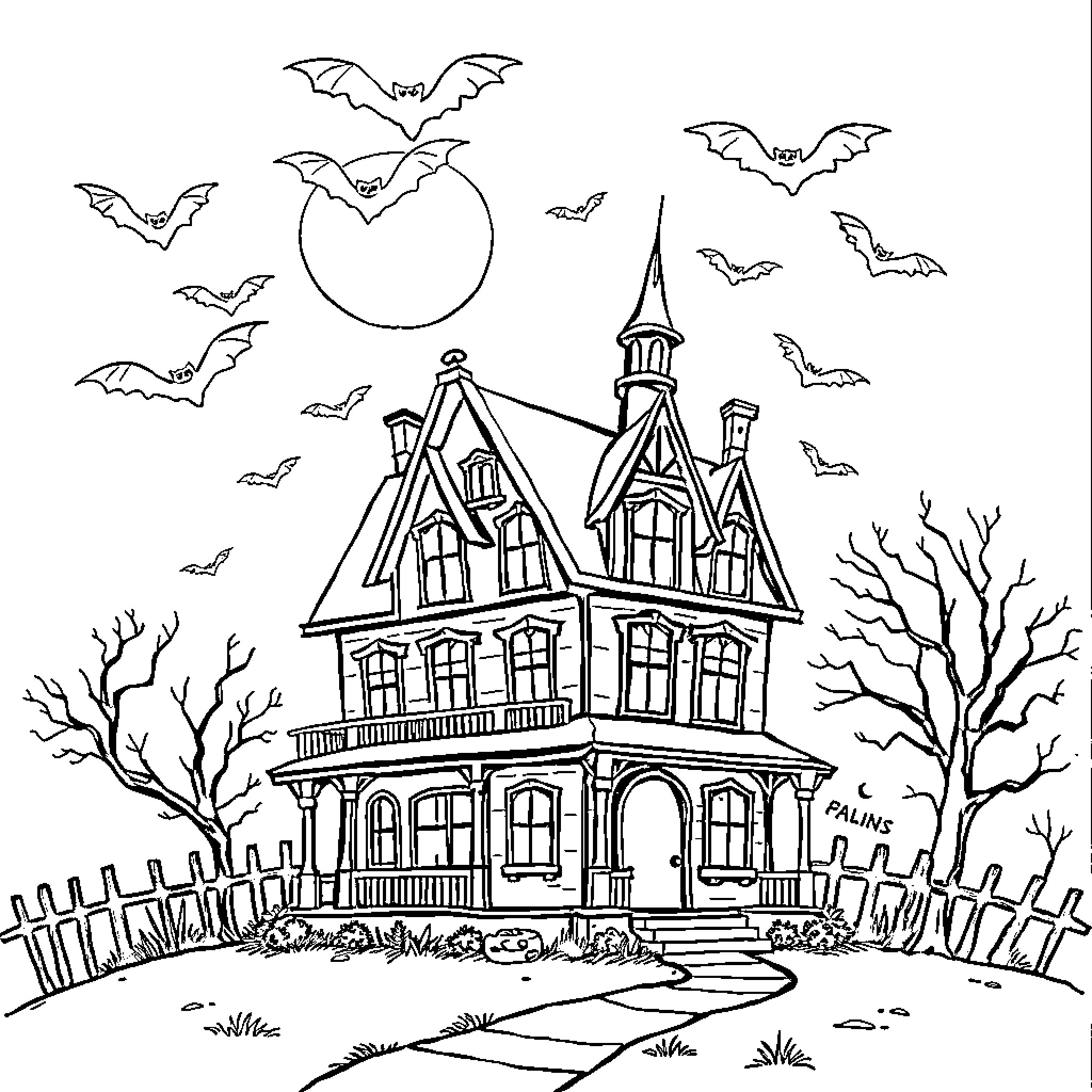 Haunted House under Moonlit Skies with Bats Coloring Page (free black-and-white line drawing printable PDF for all, from beginners to advanced learners, including children, teens, adults, and seniors)