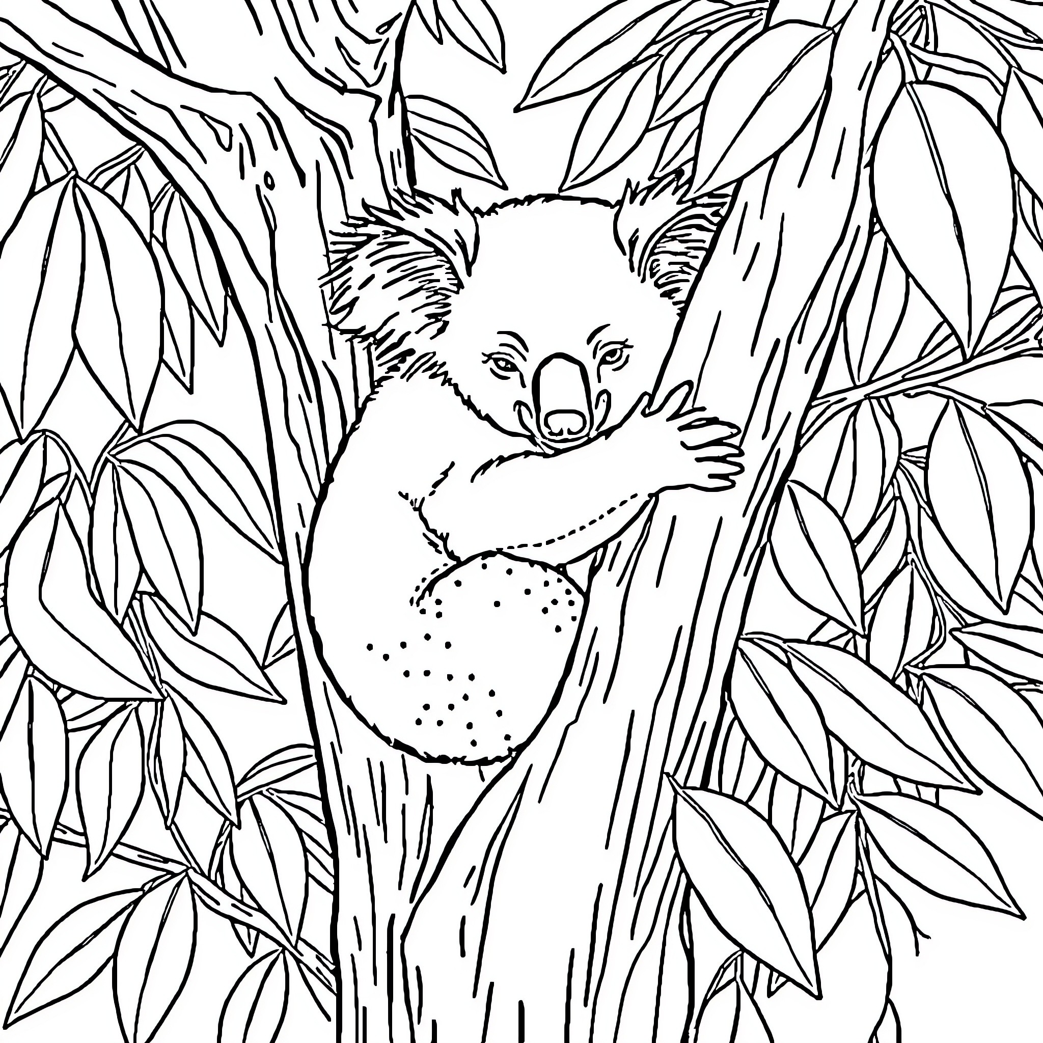 Koala hugging tree branch in jungle Coloring Page (free black-and-white line drawing printable PDF for all, from beginners to advanced learners, including children, teens, adults, and seniors)