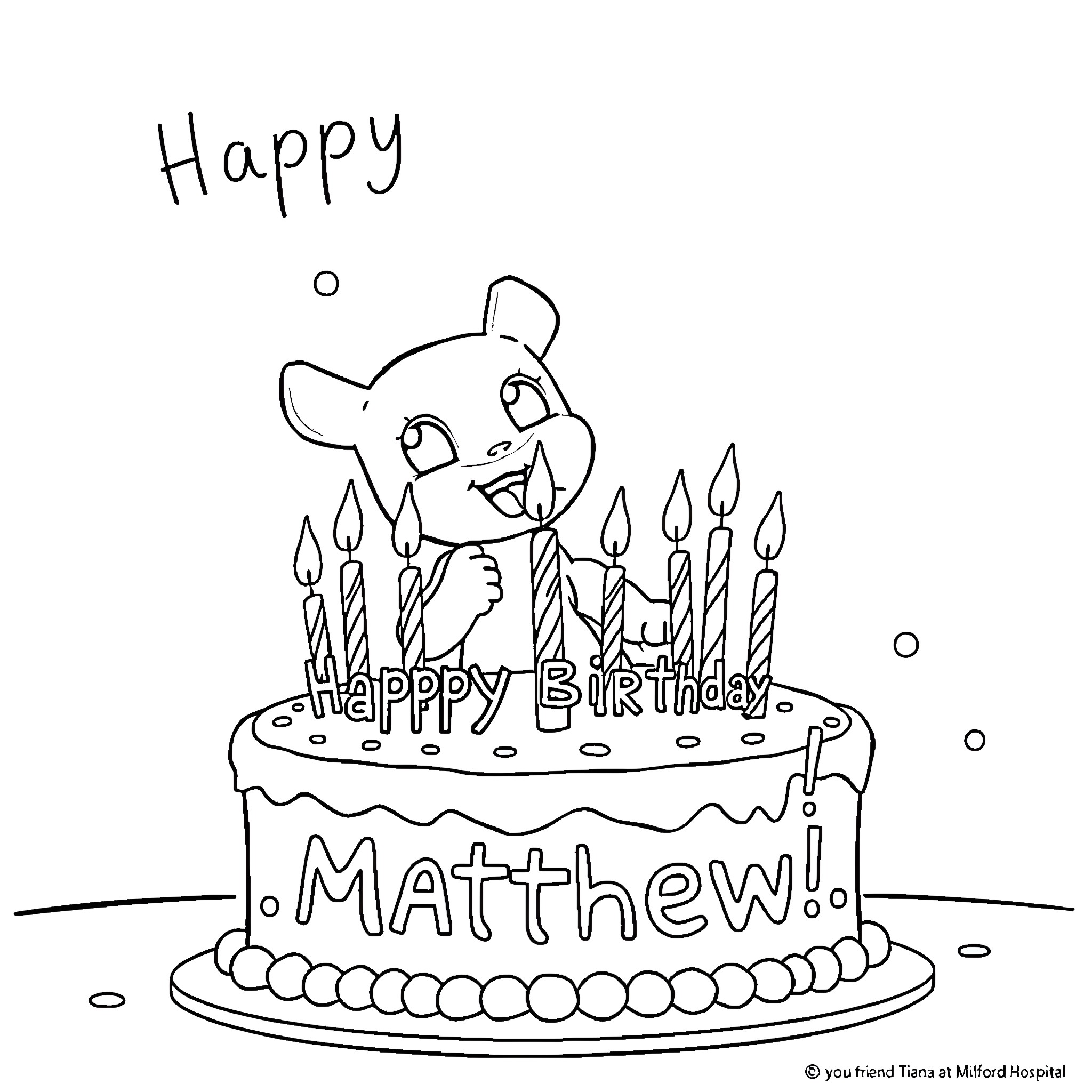 Bluey's Happy Birthday Celebration Coloring Page (free black-and-white line drawing printable PDF for all, from beginners to advanced learners, including children, teens, adults, and seniors)