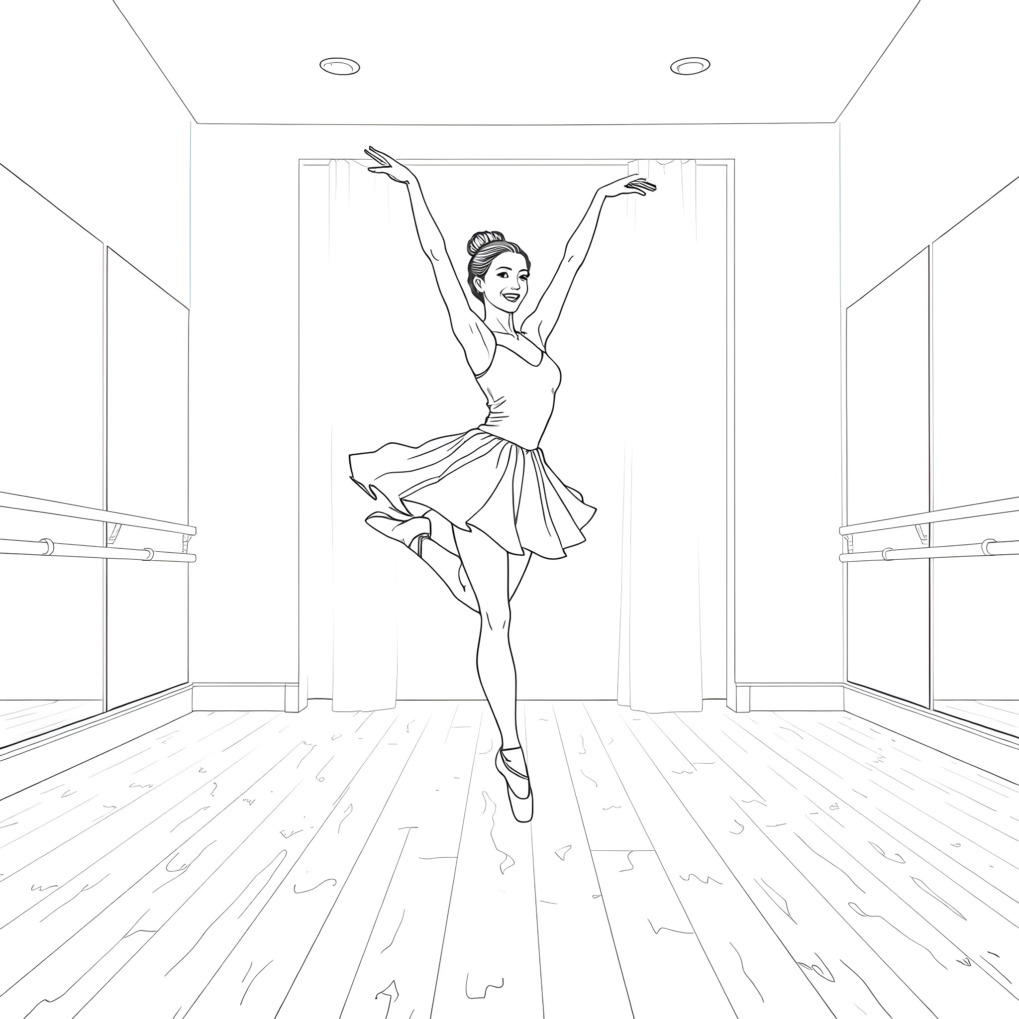 Ballet Dancer Performing with Graceful Movements Coloring Page (free black-and-white line drawing printable PDF for all, from beginners to advanced learners, including children, teens, adults, and seniors)