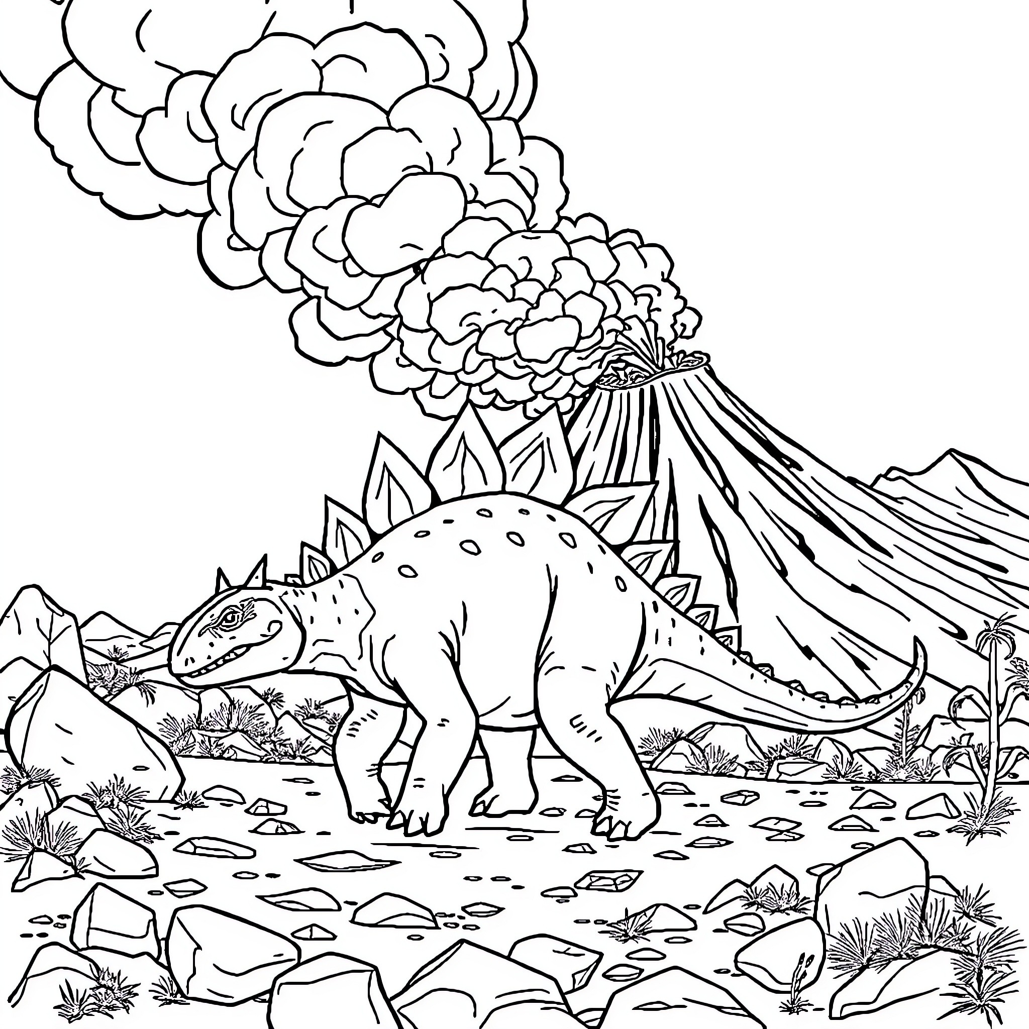 Stegosaurus roaming amidst volcanic eruption Coloring Page (free black-and-white line drawing printable PDF for all, from beginners to advanced learners, including children, teens, adults, and seniors)